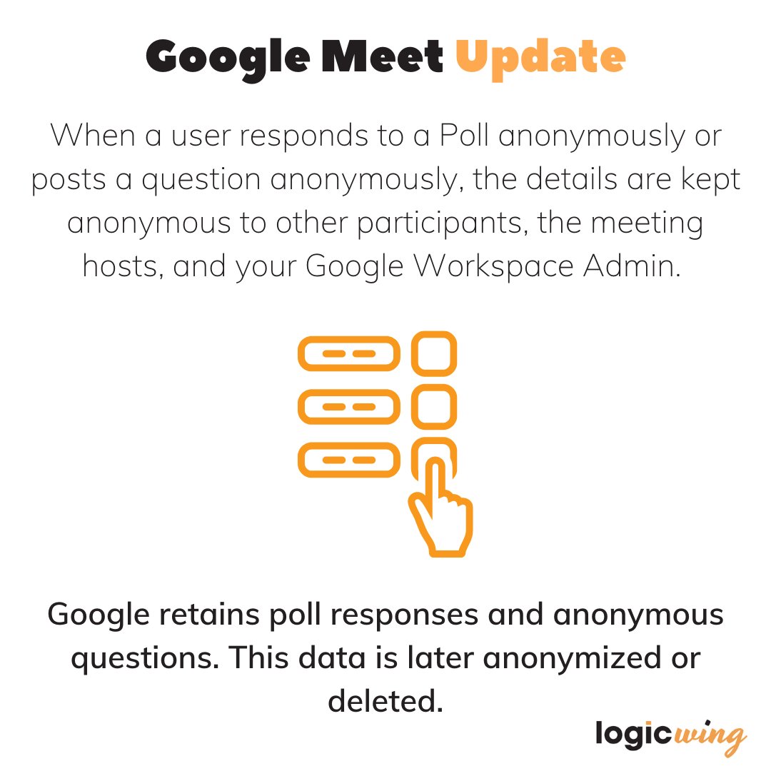 logicwing's tweet image. Allow Google Meet participants to ask questions or respond to polls anonymously ❓❓❓
.
.
.
#logicwing #liveworklearn #googleworkspaceupdate #googleworkspace #classroom #logicwingtips
