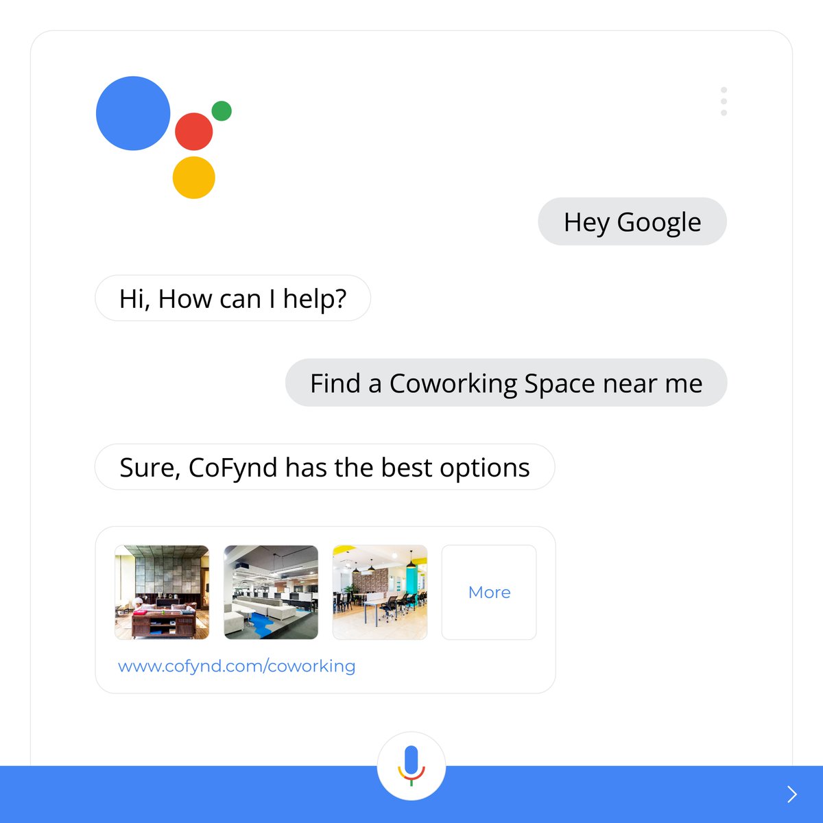cofynd1's tweet photo. "Okay Google, Book Now"๐ค
Choose from a wide variety of options in Coliving & Coworking Spaces with CoFyndโ๏ธ
#wednesday #Google #colivingspace #coworking #coworkingspace #office #coworkingcommunity #workspace #colivingcommunity #cofynd https://t.co/f6lgGlipy5