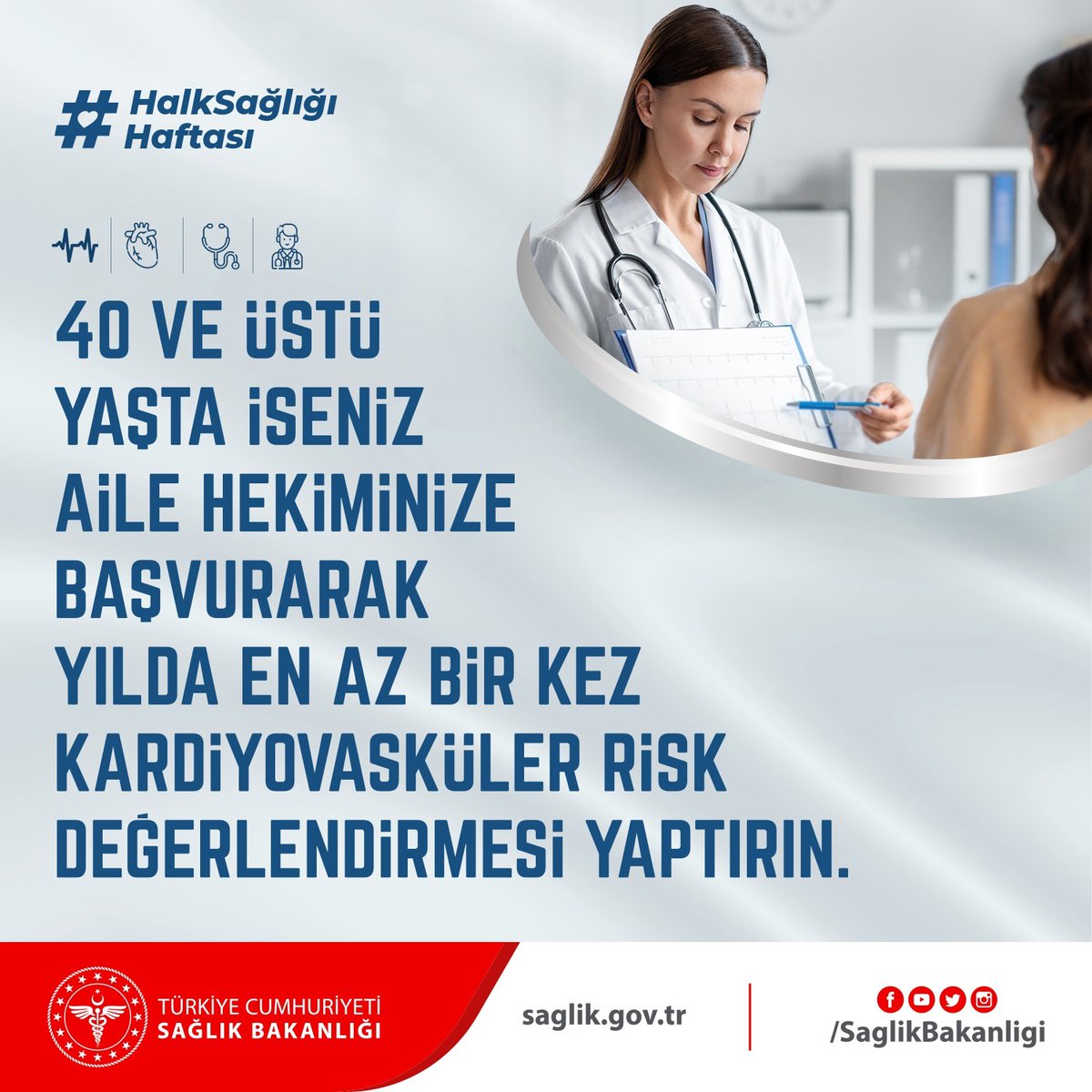 40 ve üstü yaşta iseniz Aile Hekiminize başvurarak yılda en az bir kez kardiyovasküler risk değerlendirmesi yaptırın. Aile Hekiminiz riski hesaplayarak sağlıklı yaşam alışkanlıkları kazanmanız için destek almanızı sağlayacaktır.
#HalkSağlığıHaftası
#KronikHastalıkTakibi