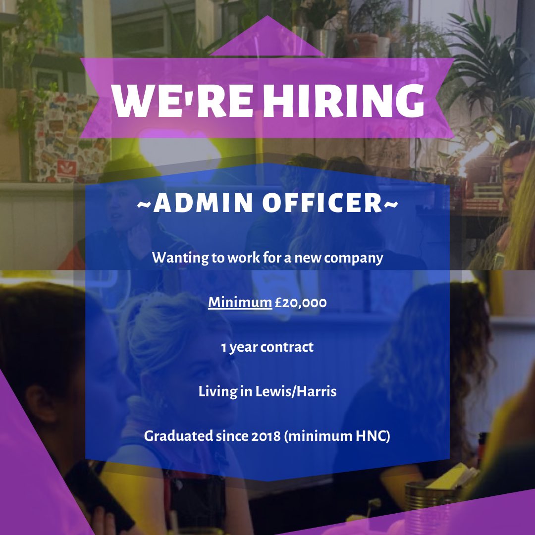 Hello.
New job. Gaelic Company.
Working out of Stornoway.
Admin Officer.
Get in touch. Share. 
Cheers, bye.

#Beurla