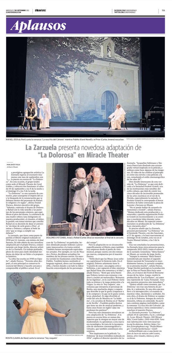 ortaquechel20's tweet photo. Para los que prefieren leer la versión impresa… así aparece hoy @elnuevoherald el artículo @artburstmiami de #JesúsVega sobre “La Dolorosa” de la agrupación #LaZarzuela @APMiracle #teatro #zarzuela #DanielDaroca @maruantunano @MiamiDadeArts @ArtsBizMiami @DanzadanceOrg https://t.co/LLu9zncCe3