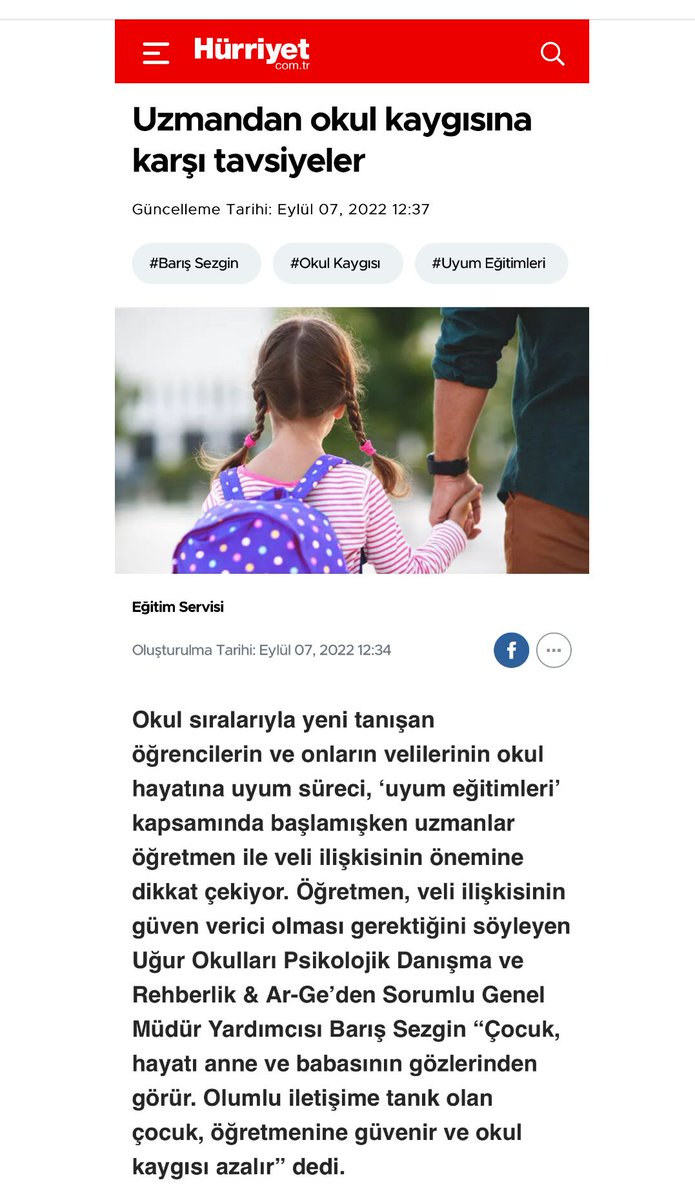"Öğretmen ve ebeveyn ilişkisi güven verici olmalıdır. Çocuklar, hayatı anne ve babasının gözlerinden görür. Ebeveynler okula uyum sürecinde sakin ve tutarlı olursa çocukta da kaygı azalacak ve okula daha kolay adapte olacaktır."

🔎 hurriyet.com.tr/egitim/uzmanda…
<a href="/Hurriyet/">Hürriyet.com.tr</a>