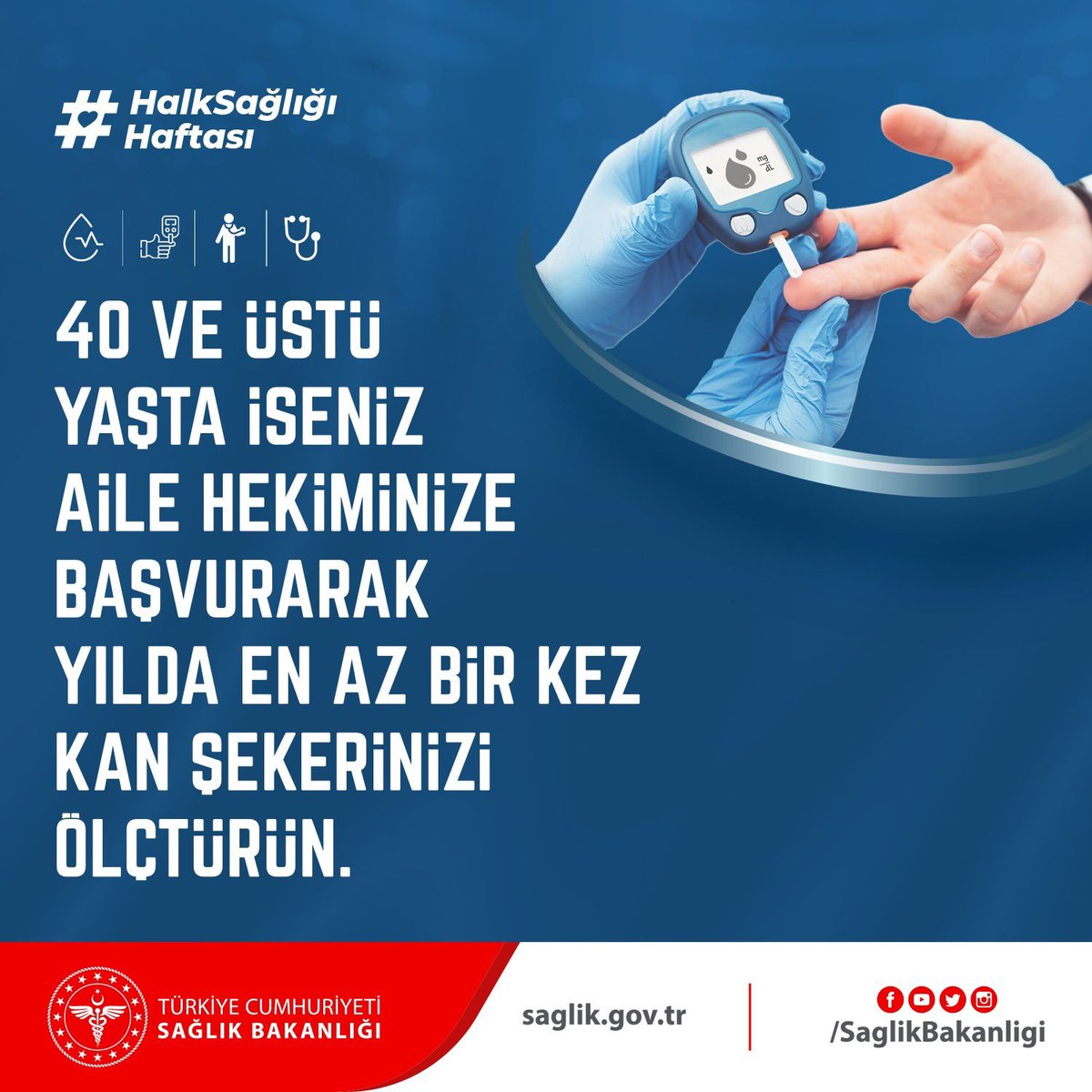 40 ve üstü yaşta iseniz Aile Hekiminize başvurarak yılda en az bir kez kan şekerinizi ölçtürün. Kan şekeriniz yüksekse Aile Hekiminiz teşhis koymak için ilave kan şekeri ölçümleri ve tetkikler isteyebilir.
#HalkSağlığıHaftası
#KronikHastalıkTakibi