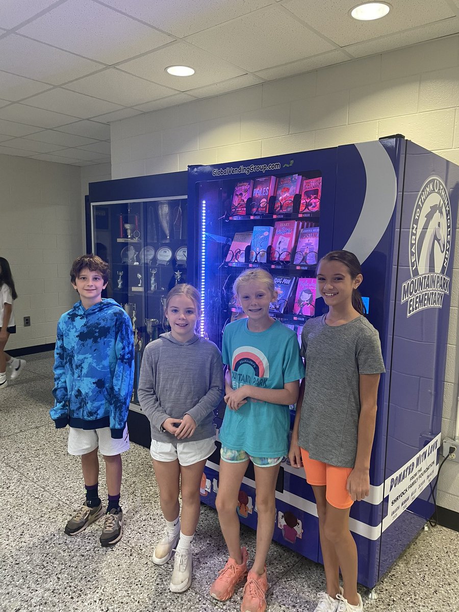 AllisonLandreth's tweet photo. Our first book vending machine winners!! Congrats to 5th grade for leading the Mustang Trail! @MPE_Mustangs  
#trailblazers #thismomentmatters https://t.co/HtnEk32hHC