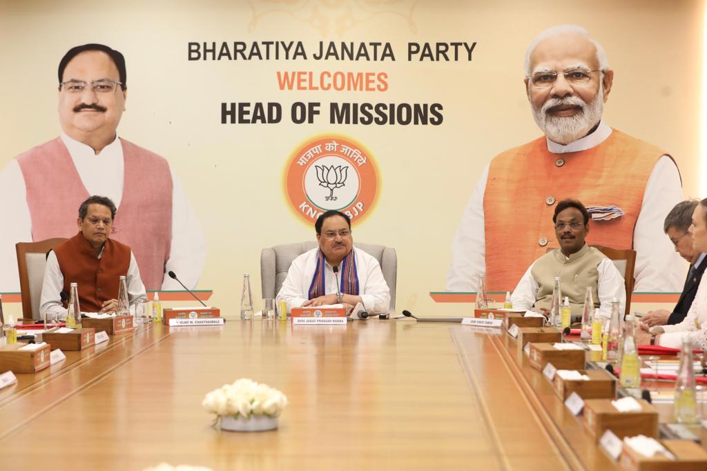 BJP4India's tweet photo. BJP National President Shri @JPNadda interacts with a group of Head of Missions to India under 'Know BJP' initiative launched by the party to engage with overseas audience at BJP headquarters in New Delhi. https://t.co/LfHsXWIyQ8