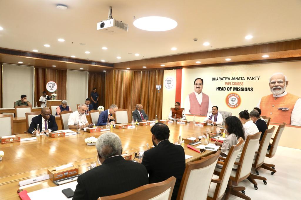 BJP4India's tweet photo. BJP National President Shri @JPNadda interacts with a group of Head of Missions to India under 'Know BJP' initiative launched by the party to engage with overseas audience at BJP headquarters in New Delhi. https://t.co/LfHsXWIyQ8