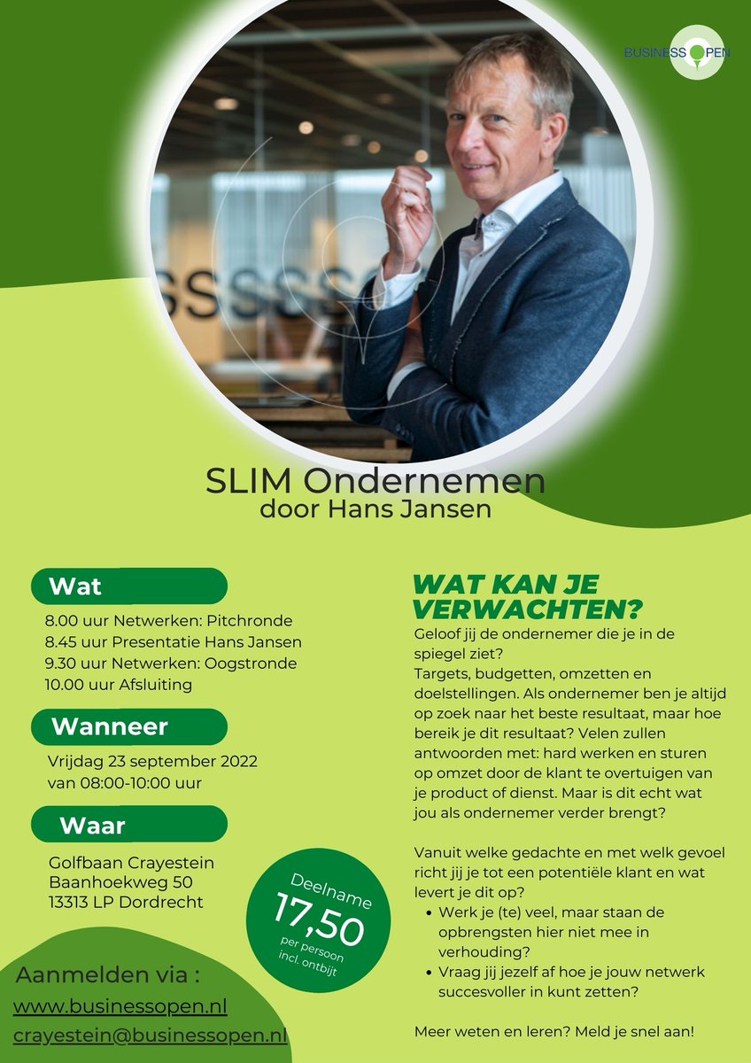 Zijn de inspanningen die je levert als ondernemer eigenlijk wel in verhouding met wat het oplevert? In deze presentatie vertelt Hans Jansen hoe jij met drie dagen ondernemen meer kunt verdienen dan met zes dagen hard werken.

interesse?

Meld je aan op: businessopen.nl/netwerkclubs/z…