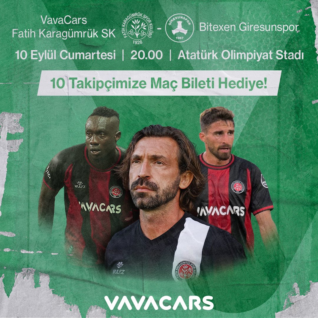 VavaCarsTurkiye's tweet photo. VavaCars Fatih Karagümrük-Bitexen Giresunspor karşılaşmasında takımımızı destekliyoruz! 🙌⚽️ 10 şanslı takipçimiz VavaCars'tan VIP maç bileti kazanıyor. 🎊

Çekilişe katılmak için yapmanız gerekenler:
 
✅ Bizi takip edin.
♻️ Bu tweet'i RT'leyin. https://t.co/YyFuC8JYHc