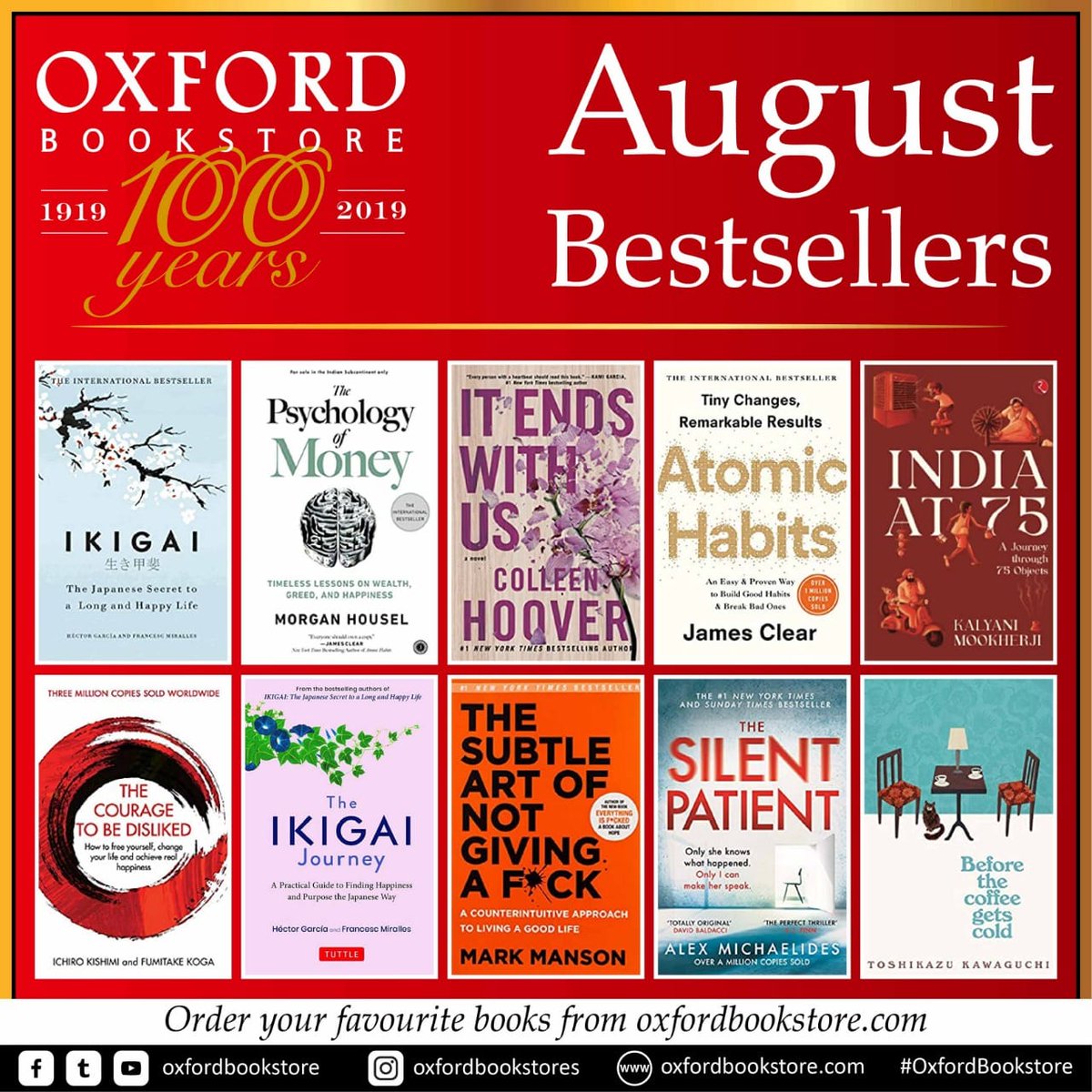 Here are our bestsellers for the month of August. 
Visit #OxfordBookstore to browse and buy your favourite books. 
@colleenhoover @morganhousel @JamesClear @IAmMarkManson @frmiralles @AlexMichaelides 
#OxfordBestsellers #OxfordRecommends #AugustBestsellers #Books #August2022