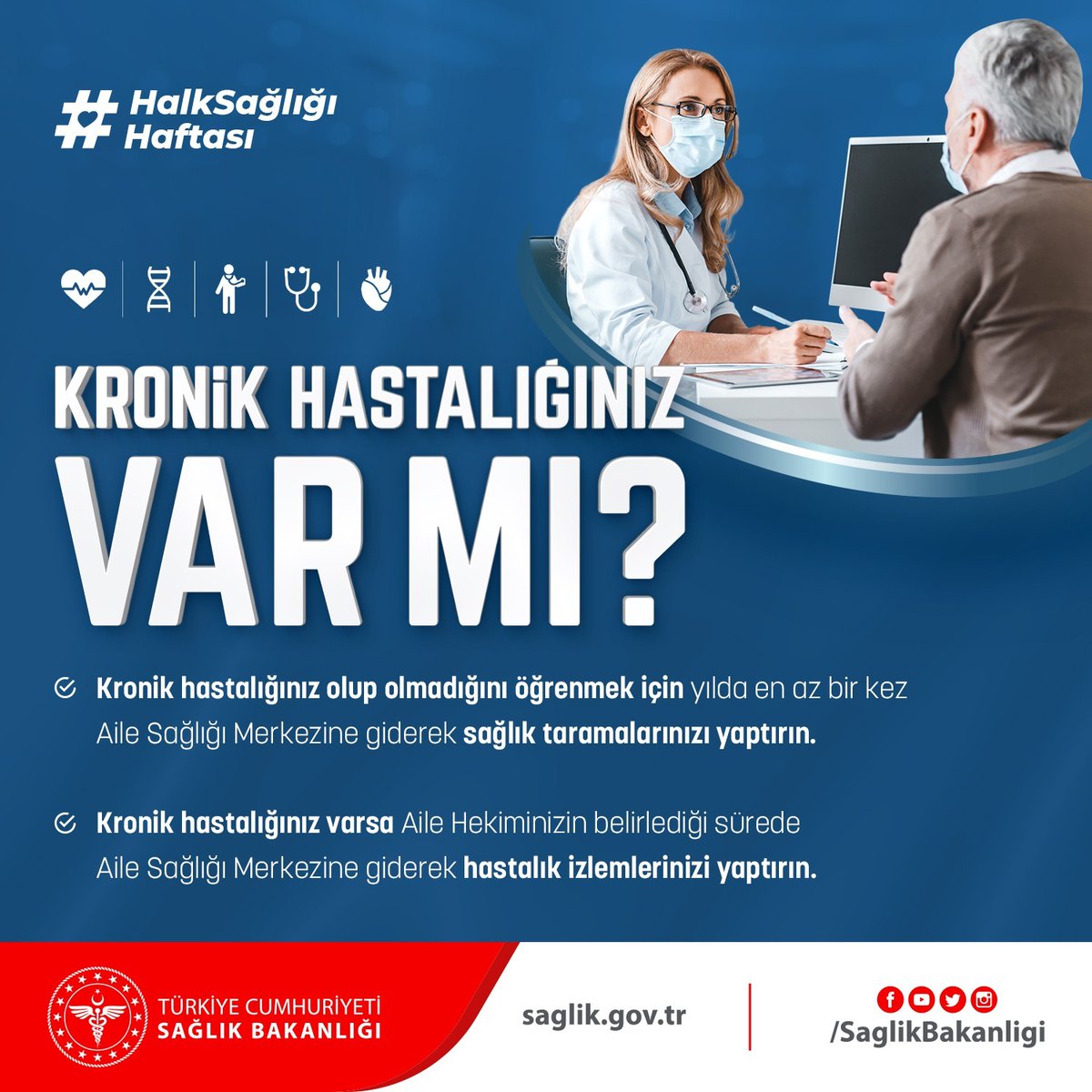 Kronik hastalığınız var mı? 👇
Aile Sağlığı Merkezine giderek sağlık taramalarınızı ve hastalık izlemlerinizi yaptırmayı ihmal etmeyin.
#HalkSağlığıHaftası
#KronikHastalıkTakibi