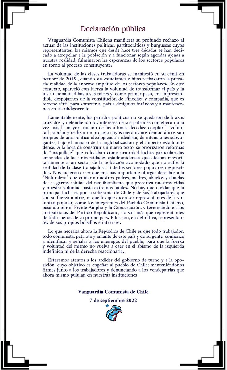 Declaración en torno al proceso constituyente.
#PlebiscitoChile #PlebiscitoConstitucional2022 #PlebiscitoDeSalida #Plebiscito #Plebiscito2022 #Chile #ChileVotaApruebo #ChileVotaRechazo #ChileElige #ConstitucionChile #Constitucion #constitución #Apruebo #Rechazo #apruebocrece