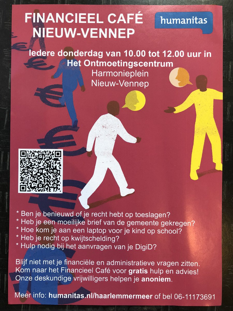 Advies nodig bij je administratie en financiën? Of wil je meer weten over de aanvraag energietoeslag? Kom zonder afspraak naar het Financieel Café. Elke donderdagochtend geopend van 10.00-12.00. Locatie: Het Ontmoetingscentrum Harmonieplein Nieuw-Vennep.