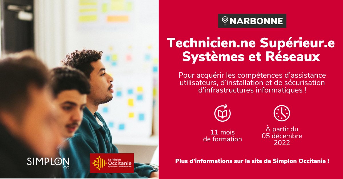 Et si vous deveniez Technicien.ne Supérieur.e Systèmes et Réseaux ?

Simplon.co et <a href="/Occitanie/">Région Occitanie</a> vous proposent une formation gratuite, sans pré-requis techniques, Bac+2.

Pour en savoir plus et candidater : occitanie.simplon.co