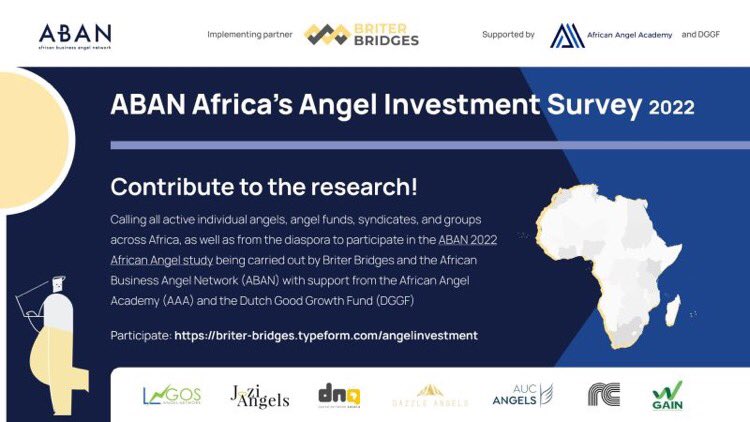 FortuneChuku's tweet image. Calling all active angels that invest personally, through syndicates, or both in African startups to participate in the 2022 ABAN African Angel Investment Survey. All responses will be confidential! Contribute to the survey here: briter-bridges.typeform.com/angelinvestment