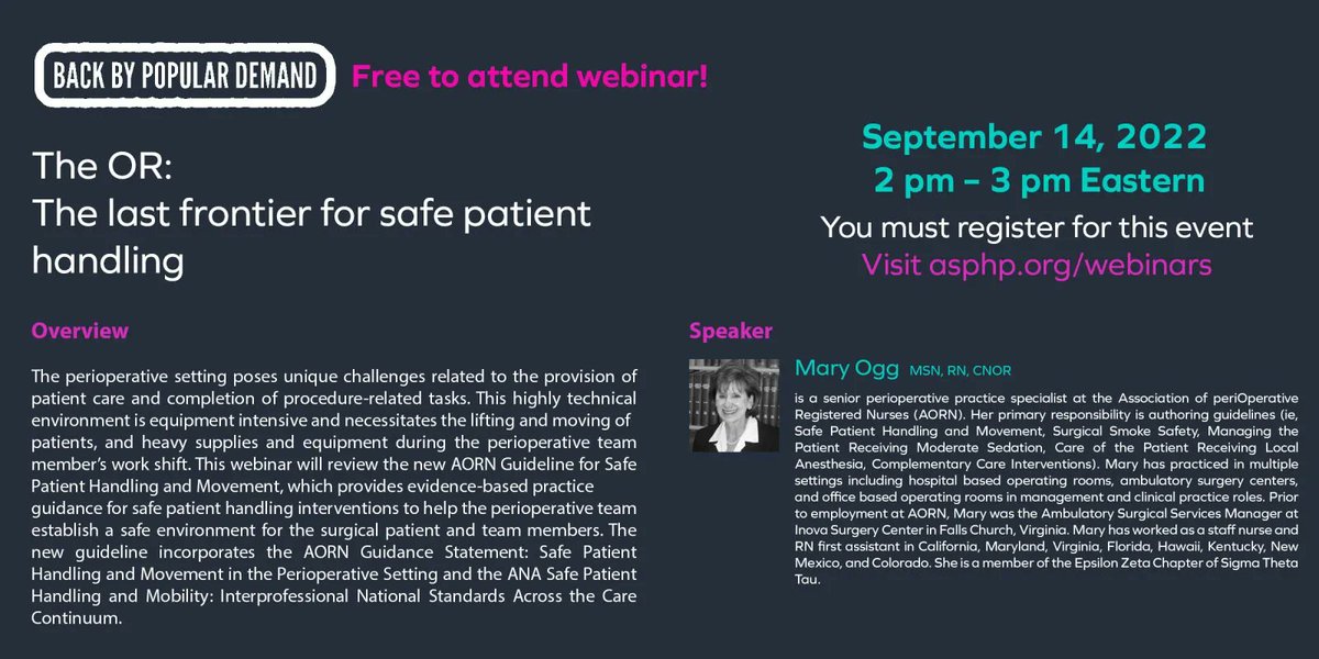 ASPHP4's tweet photo. Register for the #ASPHP on-demand webinar, βThe OR: The last frontier for safe patient handling,β scheduled for 2 p.m. EST Sept. 14. https://t.co/2bxorwG5m7 This presentation is free for all participants. #SPHM https://t.co/xm1QbrvrDx