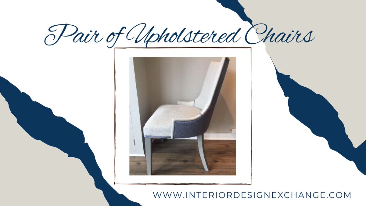 Pair of Upholstered Chairs 😍
• Dimensions: 89.5cm (h) x 58cm (w) x 50cm (d)
• Material/s: Seat fabric is a cotton mix weave with a very pale blue tint and Colefax &amp; Fowler silk mix greyed off blue seat backs. Contrast piped.
• Manufacturer: Jan Cavelle
• Condition: Like new