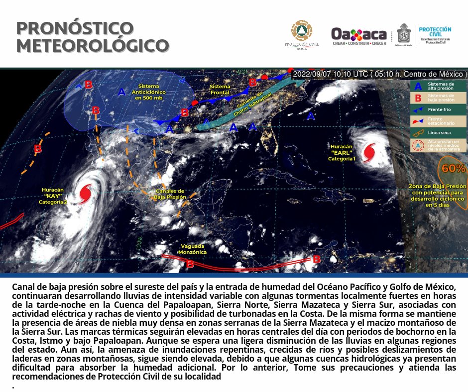 #PronósticoMeteorológico 🌦🌬🌫 |Canal de baja presión y humedad del Océano Pacífico y Golfo de México, mantendrán lluvias de intensidad variable con algunas tormentas localmente fuertes en el Papaloapan, Sierra Norte, Sierra Mazateca y Sierra Sur. [1/2]