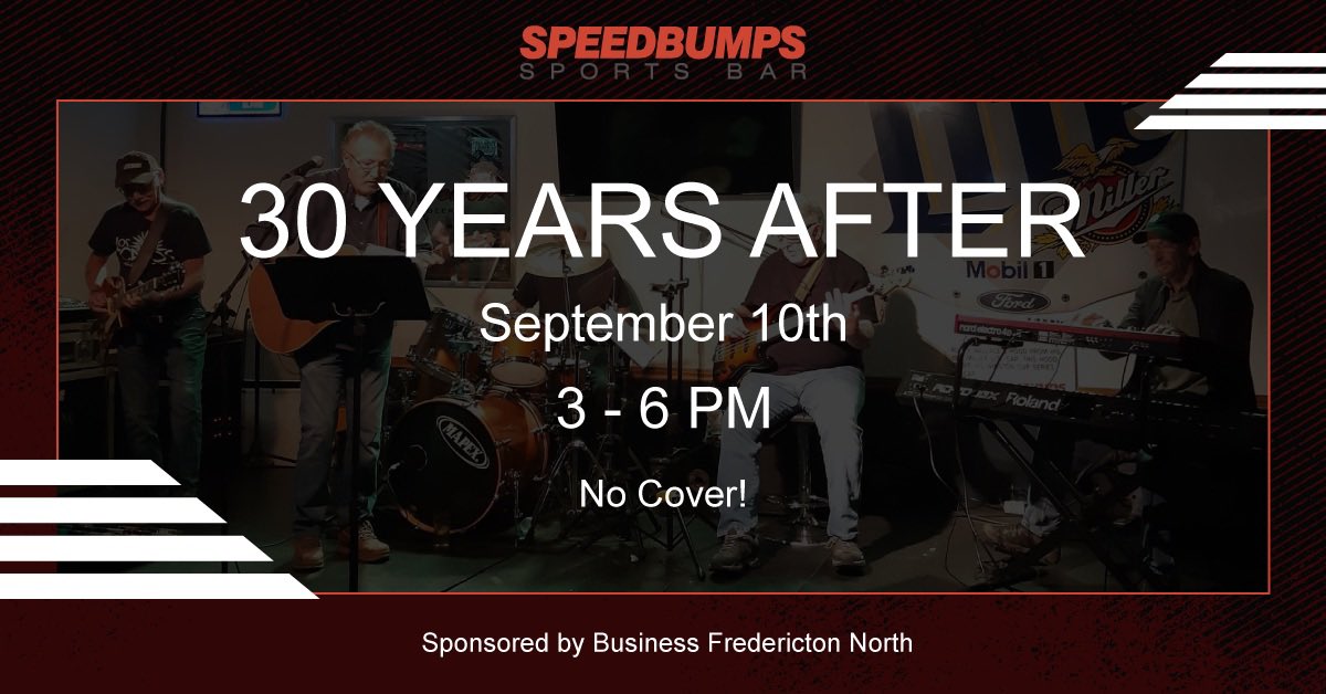 SpeedbumpsBar's tweet photo. Looking for something to do this Saturday? Look no further.
🎸We’ve got 30 Years After performing live right here at Speedbumps! 

Sponsored by Business Fredericton North
#speedbumps #speedbumpssportsbar #saturday #frederictonnb #weekendvibes #livemusic #music https://t.co/s9vqGzVuVR