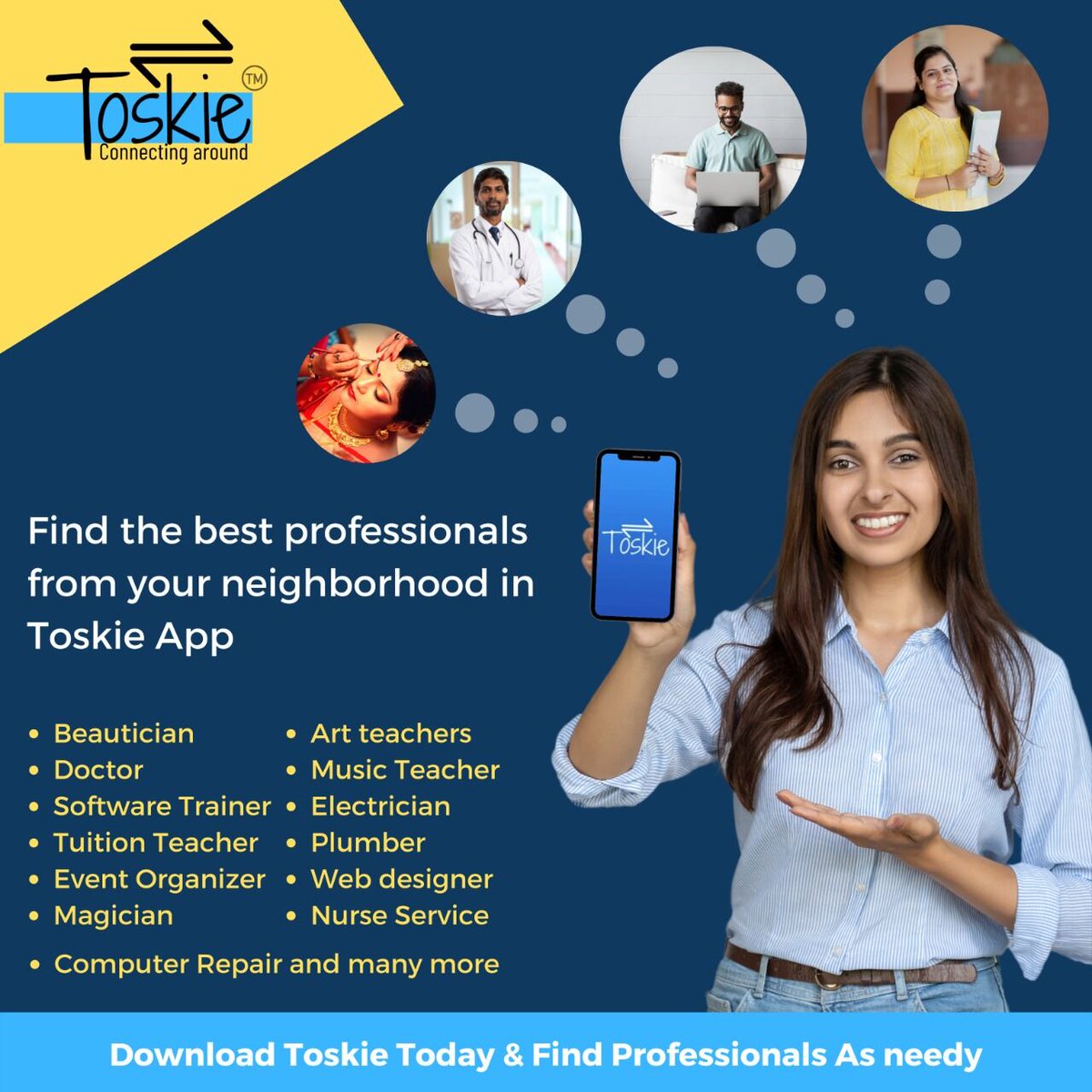 Toskieofficial's tweet photo. Find The Best Professionals From Your Neighborhood In Toskie App.
#toskie #ToskieApp #beauty #beauticians #doctor #SoftwareDeveloper #SoftwareTrainer #teacher #tutor #TuitionTeacher #EventOrganizer #magician #ArtTeacher #MusicTeacher #Electrician #plumber #Webdesigner #nurse https://t.co/o8JUnrld36