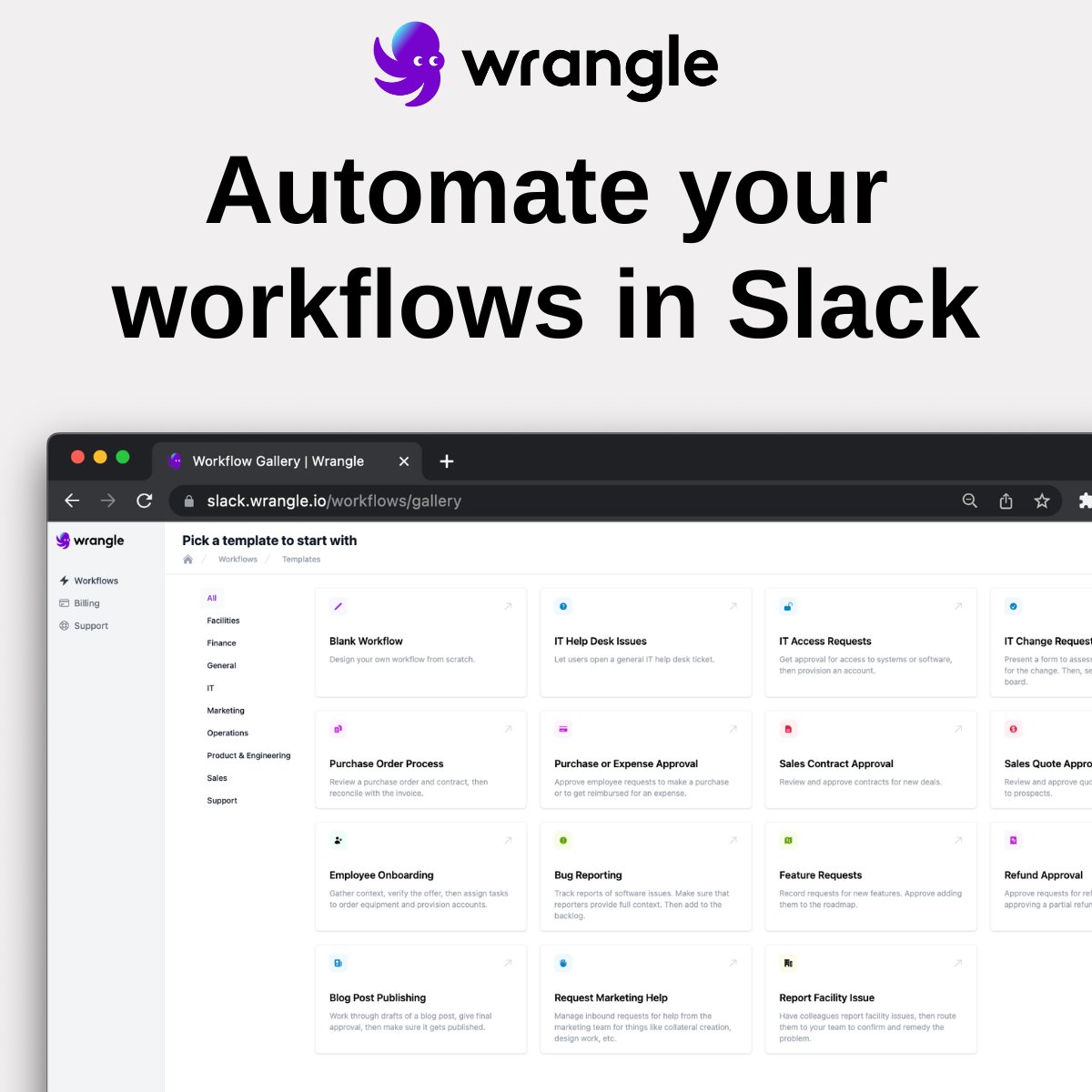 wrangle_io's tweet photo. We've added several new workflow templates that will help you automate your processes in Slack. Filter by department to find a suitable template for your workflow. If you don't see one you like, build your own using the workflow builder. Check it out!  https://t.co/pp5Qx86Wek https://t.co/7vKtsdZJtJ