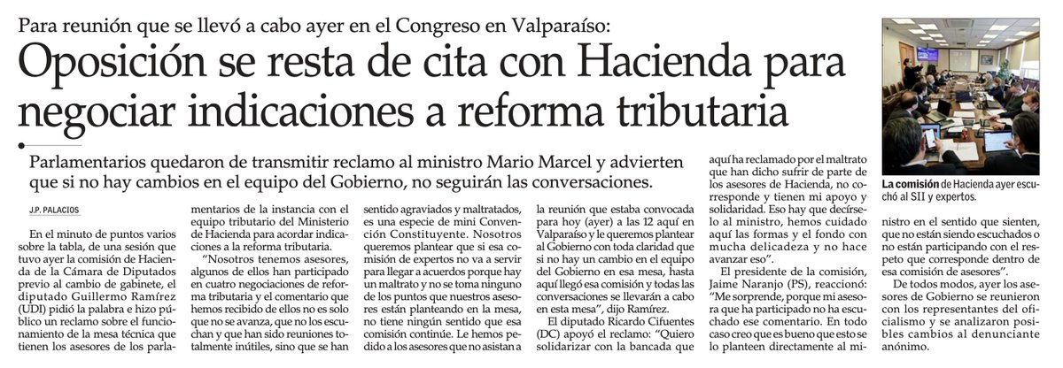 N_PrensaCL's tweet photo. 🗞 Oposición se resta de cita con @Min_Hacienda para negociar indicaciones a reforma tributaria. (@ElMercurio_cl) https://t.co/qIw9JERkyW