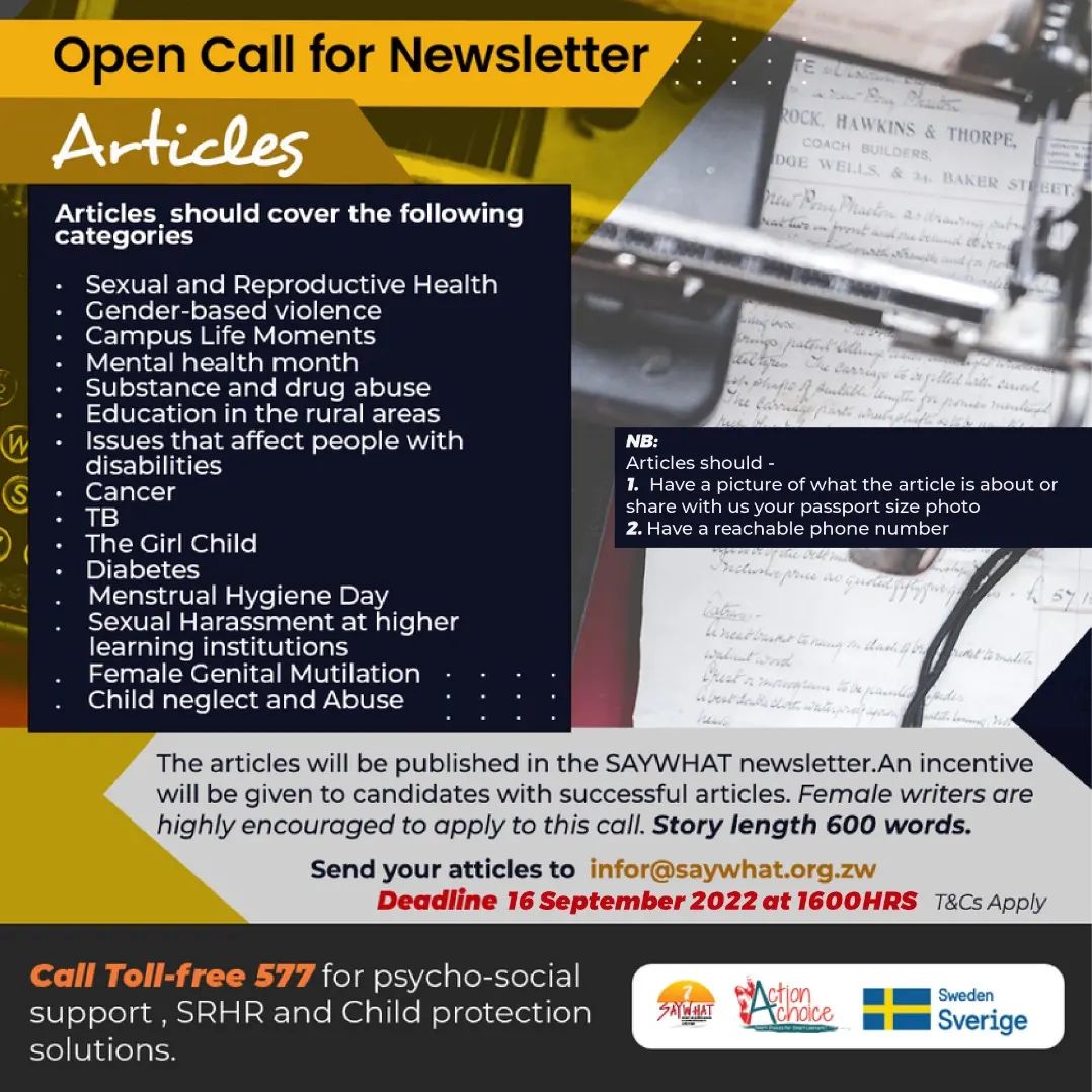 We are a few days from closing the call, do send your articles through. Looking forward to your excellent reads.
#SAYWHAT 
<a href="/GBVnet/">GBV Prevention Net</a> <a href="/jobs263/">Jobs263</a> <a href="/VacancyMail/">VacancyMail.co.zw</a> @ngonewsdigest