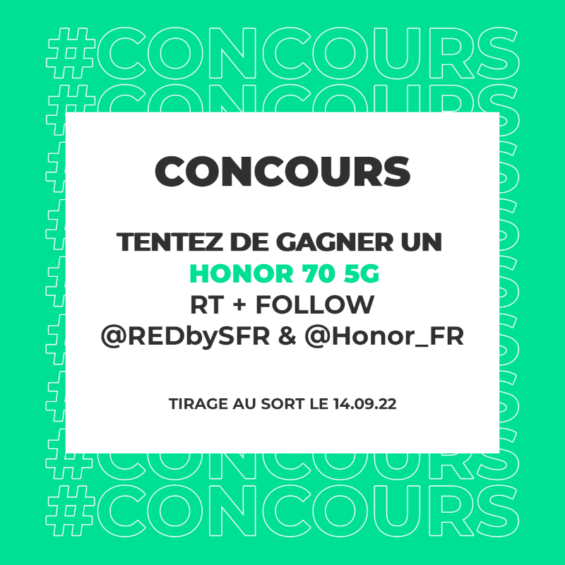 REDbySFR's tweet photo. [#Concours] Le HONOR 70 5G est à gagner !

Pour tenter de repartir avec : RT + Follow @redbysfr et @honor_fr

Fin du jeu et tirage au sort le 14/09 à 16h !
