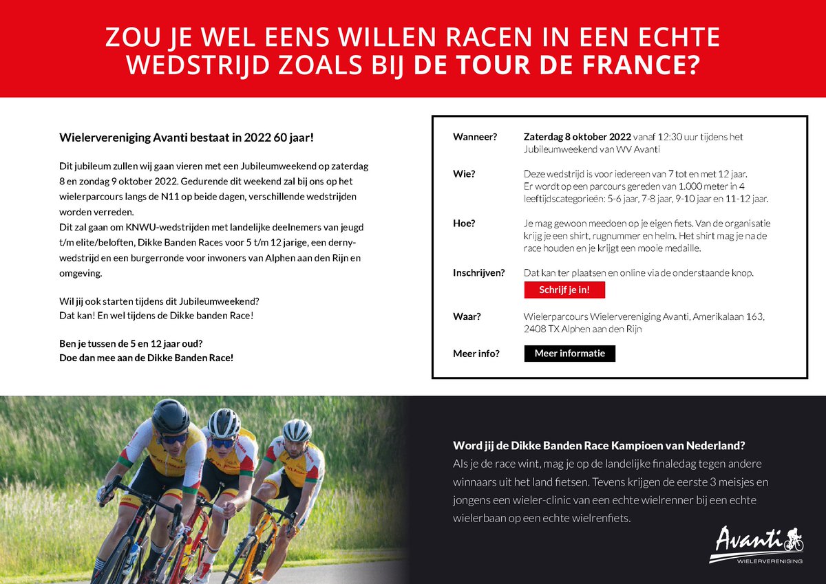 Kom jij ook meedoen aan de Dikke Banden Race die wordt georganiseerd op zaterdag 8 oktober t.b.v. het 60 jarig jubileum?

Inschrijven kan via ready2race.teamjumbovisma.nl/wedstrijden/11…

#alphenaandenrijn #Dikkebandenrace <a href="/KNWU/">KNWU</a> <a href="/Alphens/">Alphens.nl</a> <a href="/ADSportwereld/">AD.nl/sportwereld</a> <a href="/gemeenteaadr/">Alphen aan den Rijn</a>