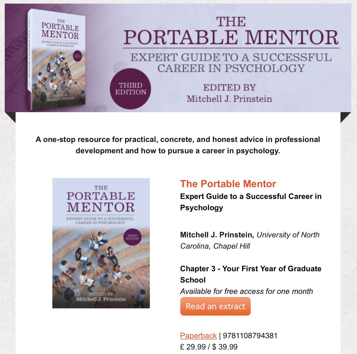 Mitch Prinstein (@mitchprinstein) on Twitter photo Hey, any first year grad students out there?
<a href="/CambridgeUP/">Cambridge University Press</a> has made:
Chapter 3 "Your First Year in Graduate School"
from new edition of The Portable Mentor
TOTALLY FREE to read for the next month!! YAY!!
I hope it is helpful!!!!
Use this link: cambridge.org/core/books/por… Hey, any first year grad students out there?
<a href="/CambridgeUP/">Cambridge University Press</a> has made:
Chapter 3 "Your First Year in Graduate School"
from new edition of The Portable Mentor
TOTALLY FREE to read for the next month!! YAY!!
I hope it is helpful!!!!
Use this link: cambridge.org/core/books/por…
