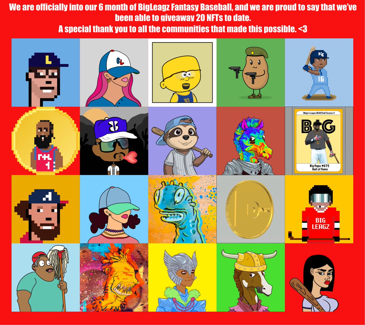 <3
<a href="/ProjectSandlot/">Project Sandlot</a> <a href="/PotatoCommandos/">Potato Commandos</a> <a href="/Pick6Pixelz/">Pick 6 Pixelz | NFTs</a> <a href="/CryptoHoopers/">CryptoHoopers</a> @BaseballBoisNFT <a href="/SandlotSloths/">Sandlot Sloths</a> <a href="/knightsofdegen/">Knights of Degen</a> @MBeastball <a href="/RoundedCrowns/">Rounded Crowns | A BIGLEAGZ PROJECT</a> <a href="/OfficialFugly/">TheFugly.ETH</a> <a href="/DomCzepiga/">DINK</a> <a href="/HockeyPixel/">Hockey Pixel Buddies</a> @JanitorsNFT <a href="/HunnysNFT/">Hunnys 💛 Claim Free Bunny Club 🐰</a>