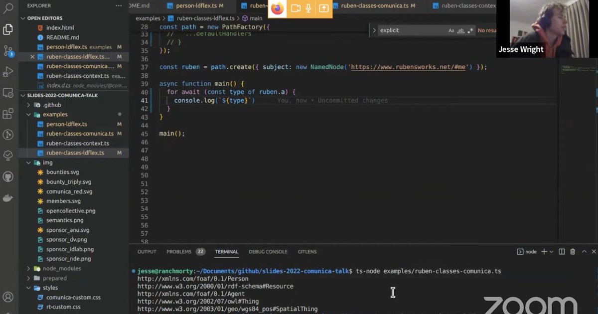 Jesse Wright is giving a live demo of reasoning at query time for a federated #SPARQL query with Comunica on our launch event: youtube.com/watch?v=seXvRI…
