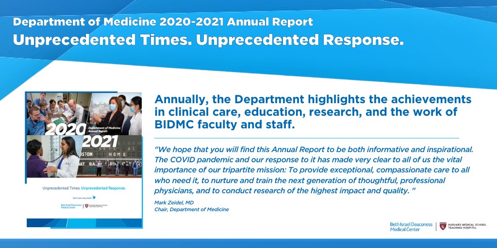 BIDMC_Medicine's tweet photo. The Department is proud to present our 2020/2021 Annual Report! This #DOMAnnualReport, to the theme 'Unprecedented Times, Unprecedented Response,' showcases how our team, at all levels, regionally and nationally, led the way through the COVID pandemic. https://t.co/STvyZyTT9c https://t.co/TS0WMIUrkl