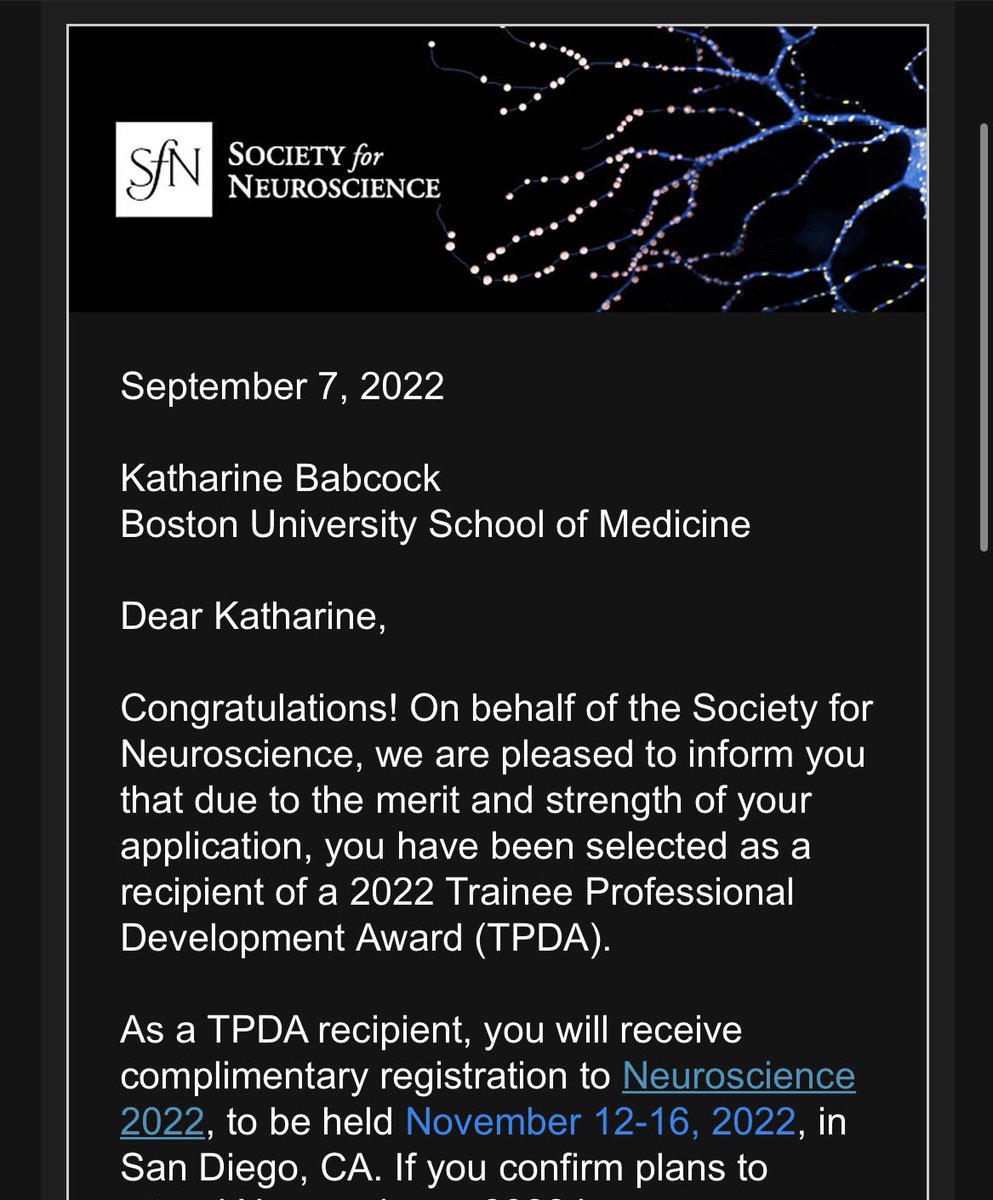 So excited to receive this incredible award and attend @SfNtweets 2022 ! If you’ll be in San Diego, come check out my poster on astrocytic changes in repetitive head impacts and CTE. #reachforthestars #seeingstars