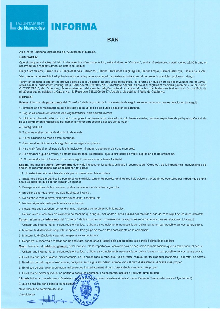 ajnavarcles's tweet photo. 🔈🔈🔈 IMPORTANT!
Hem elaborat un ban amb recomanacions de seguretat i autoprotecció per al correfoc de dissabte al vespre.
Llegiu-lo amb atenció aquí: https://t.co/P9gjxIGWZd
I sigueu prudents! 
#Navarcles #correfoc #seguretat
@rebotnavarcles https://t.co/XRAAyDam5T