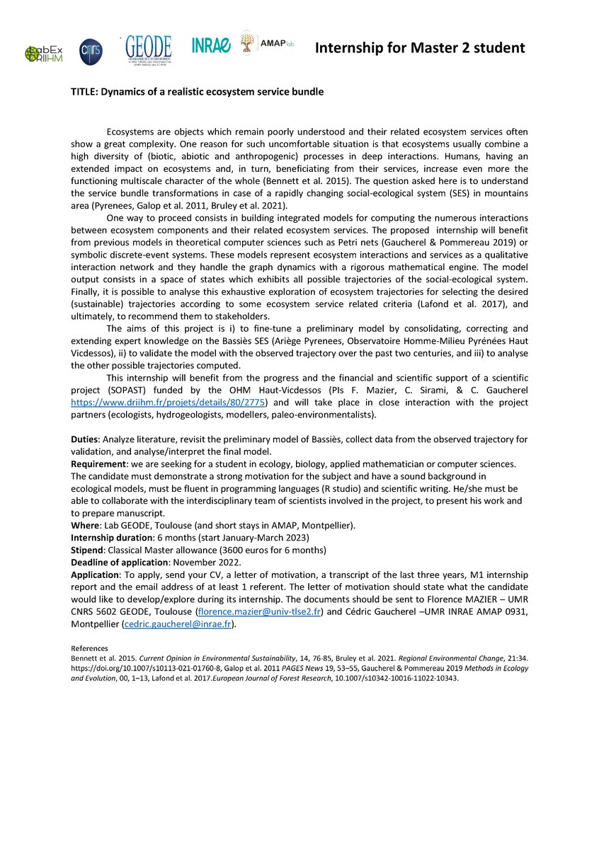 GEODE_Lab (@geode8) on Twitter photo 📣 Offre de stage M2 "Dynamics of a realistic ecosystem service bundle" aux laboratoires GEODE_Toulouse et AMAP_Montpellier.
début du stage : 01/03 2022 ; durée : 6 mois.
CV, lettre de motivation et dossier à envoyer à florence.mazier@univ-tlse2.fr et cedric.gaucherel@inrae.fr 📣 Offre de stage M2 "Dynamics of a realistic ecosystem service bundle" aux laboratoires GEODE_Toulouse et AMAP_Montpellier.
début du stage : 01/03 2022 ; durée : 6 mois.
CV, lettre de motivation et dossier à envoyer à florence.mazier@univ-tlse2.fr et cedric.gaucherel@inrae.fr