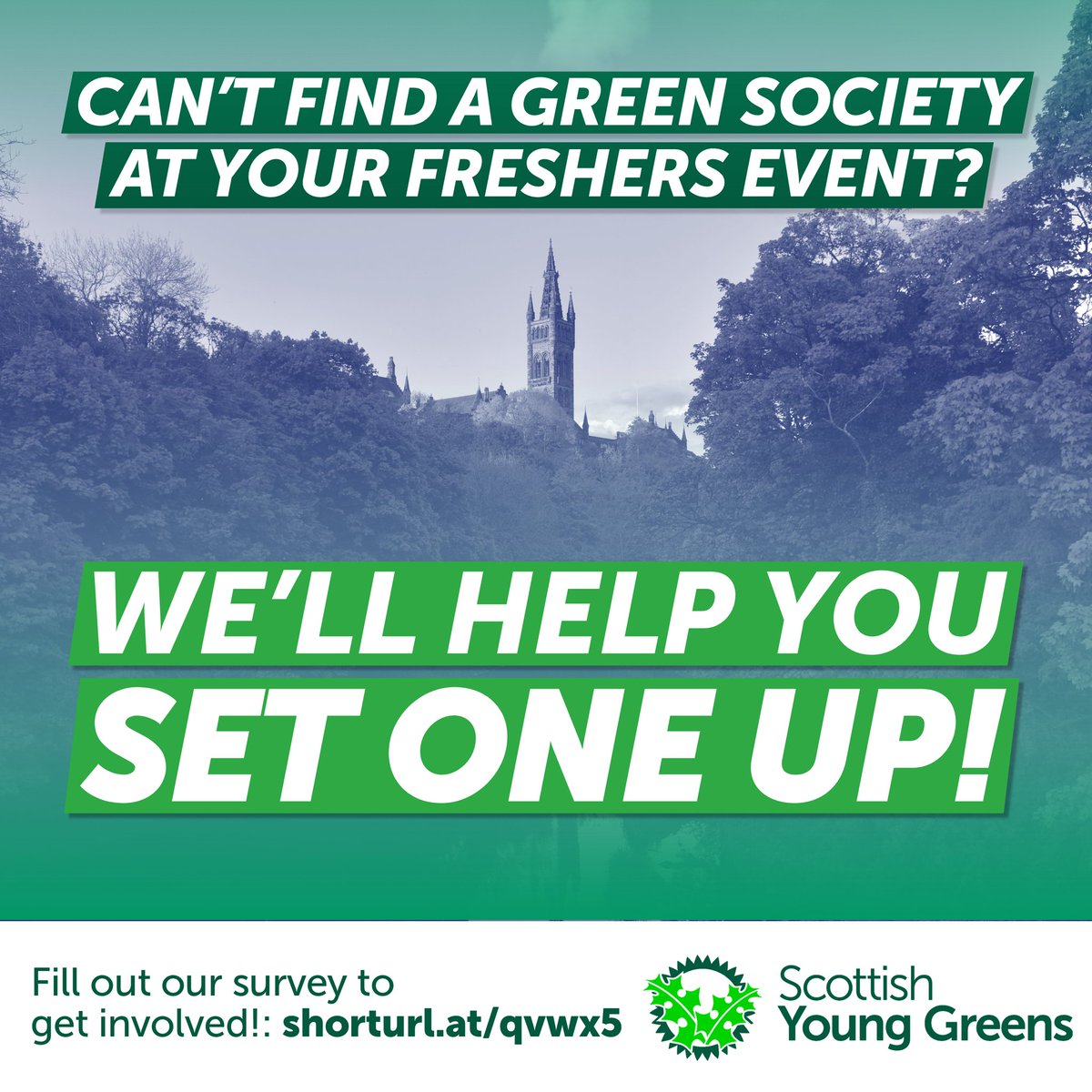 Starting college or university this year? Can't find a green society at your Freshers event? We'll help you set one up! 

Students in any year can set up new clubs &amp; societies, and we'll be here to give all the support you need to creat a <a href="/scotyounggreens/">Scottish Young Greens</a> one. 💚 (1/3)
