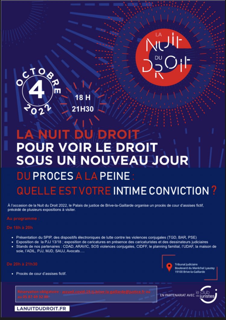 PR_Brive's tweet photo. 📆 La #NuitDuDroit 2022 revient au tribunal judiciaire de #Brive le 04/10/2022 

Découvrez le programme de cette nouvelle édition @LaNuitDuDroit https://t.co/yHxycS8pov