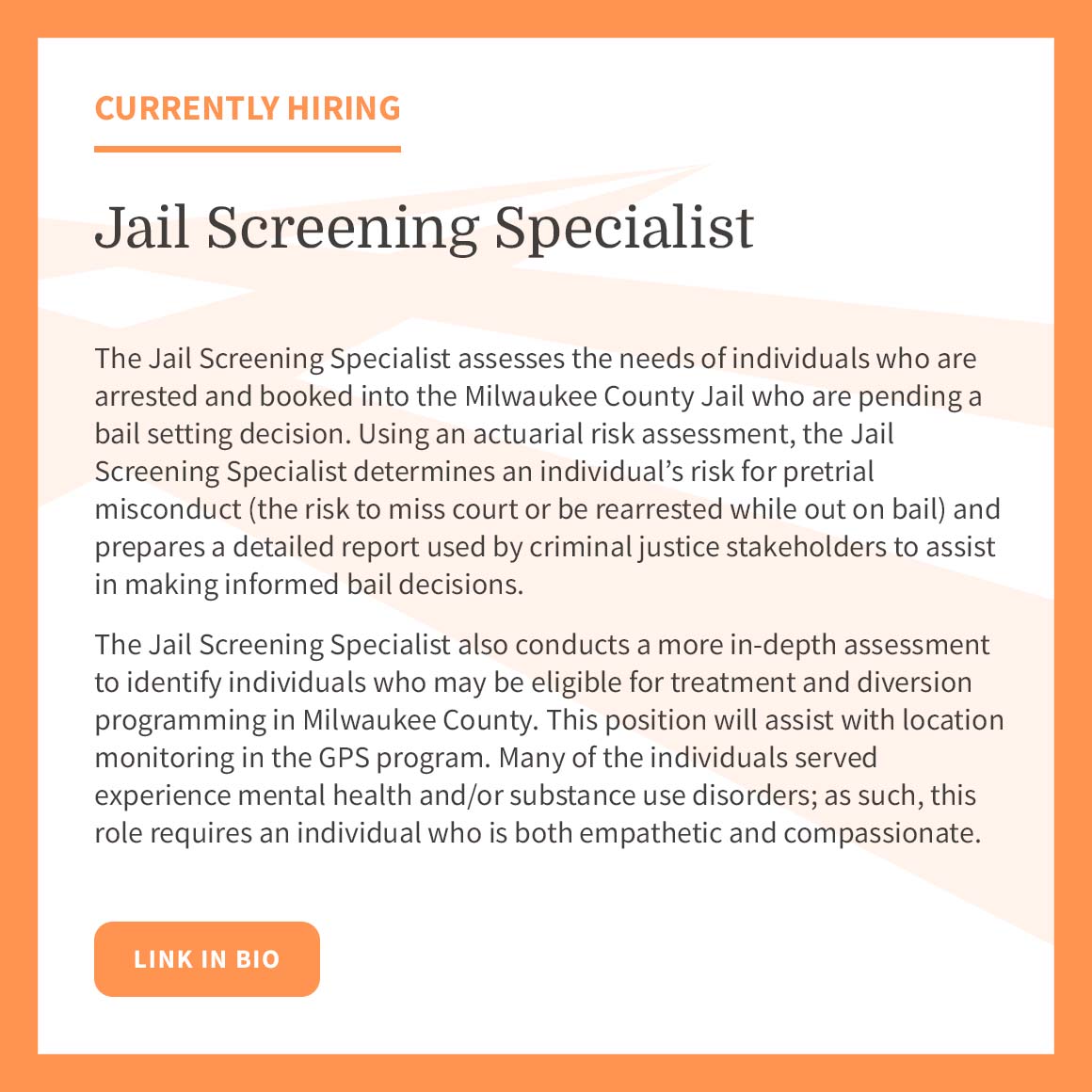 JusticePoint's tweet photo. Apply: https://t.co/Nh7asNAt3z

#pretrial #GPS #electronicmonitoring #jailscreening #nonprofit #nonprofitjobs #mkejobs #milwaukeejobs #riskassessment #bail #wijobs #mke #milwaukee #nonprofitwork #nonprofitcareers #milwaukeecounty #wisconsin #wisconsinjobs https://t.co/btKDt2WZmu