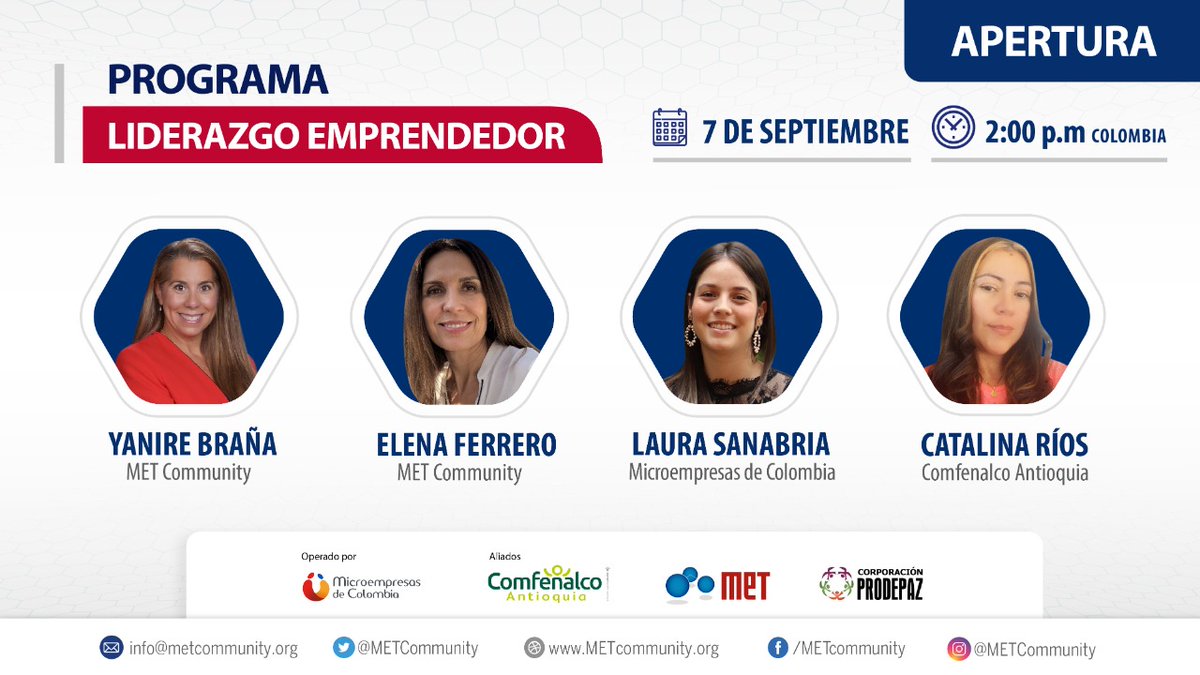 METcommunity's tweet photo. 🥳HOY a las 2:00 pm 🇨🇴 será la Apertura de la 3a edición 2022 del #PLE organizado por #METCommunity gracias al apoyo de @USAID 🇺🇸

✅ 50 emprendedoras antioqueñas matriculadas
✅ +30 de mujeres en lista de espera
✅ Programa #GranReto 👩🏻‍💻 #CreerCrearCrecer https://t.co/Vb18K9wRkU