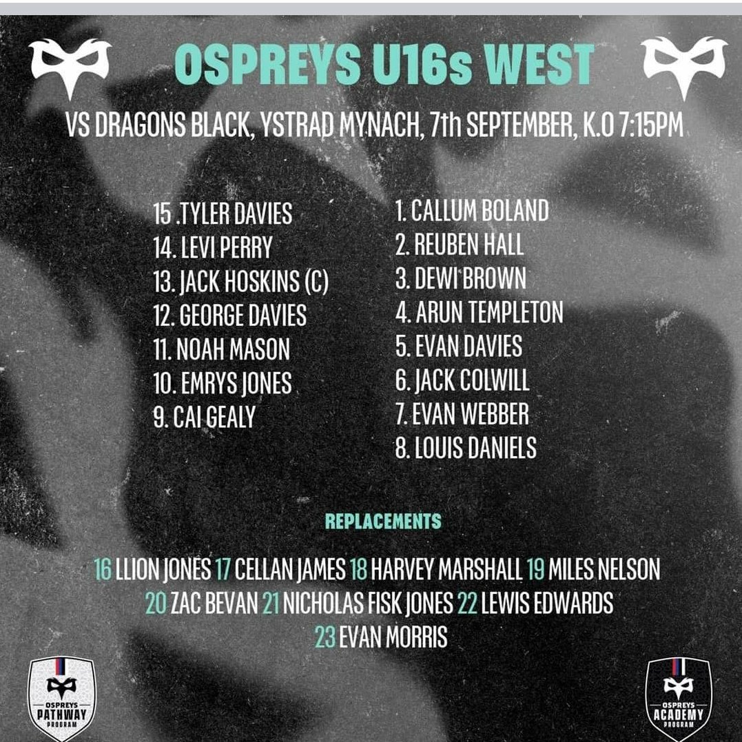 Congratulations to 2 of our under 16 players selected in the starting line-up for the Ospreys West under 16s Vs Dragon Black at Ystrad Mynach
Jack Hoskins starts at outside centre and Captains the side whilst Arun Templeton gets the nod in the in the second row.   Go well boys
