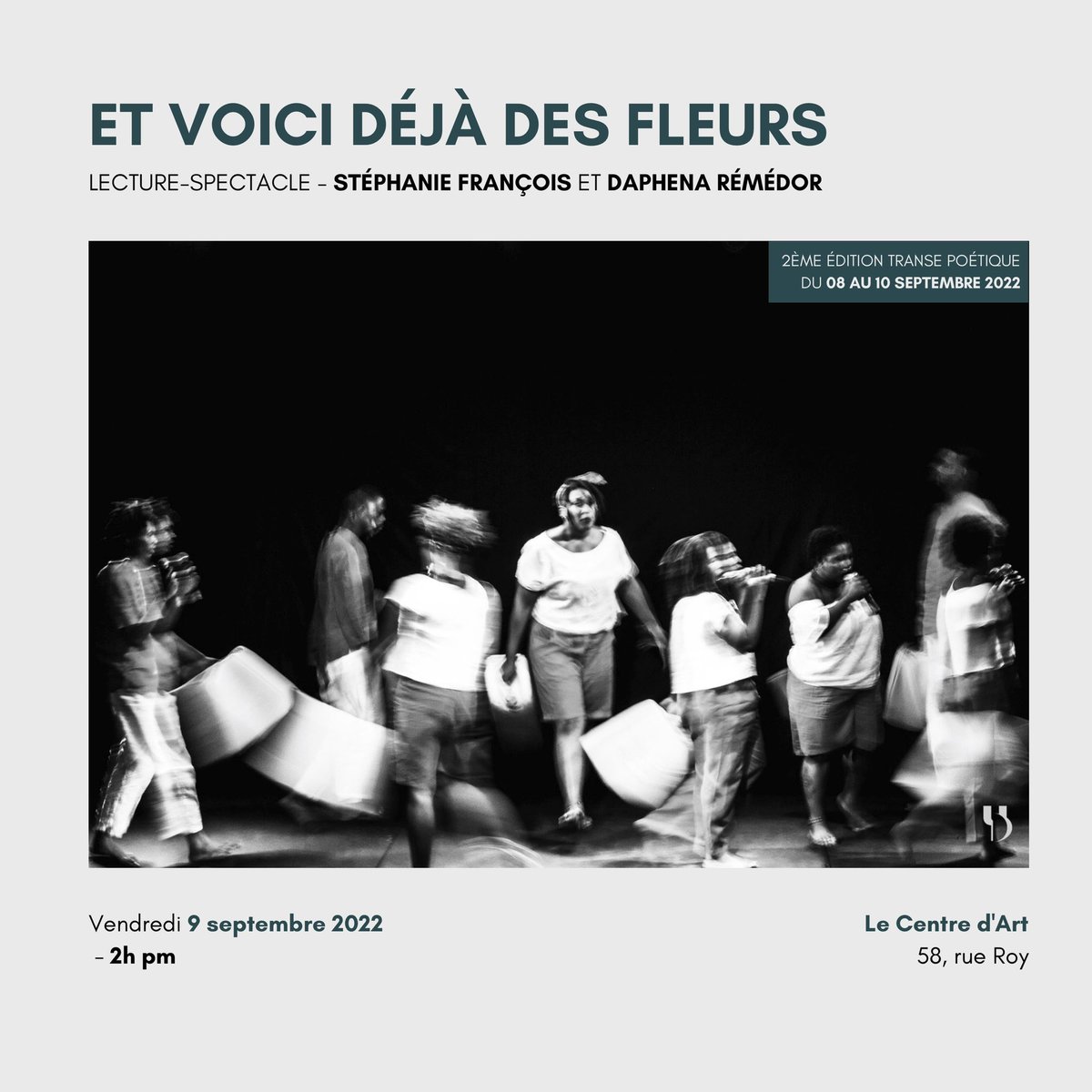 ET VOICI DÉJÀ DES FLEURS
> Une lecture de textes d’Ida Faubert, poétesse et militante féministe à l’honneur de la 2ème édition de Transe Poétique. Mise en lecture par deux étudiantes de l’école de théâtre <a href="/actehaiti/">ACTE</a> : Stéphanie François et Daphena Rémédor.

#transepoétique2022