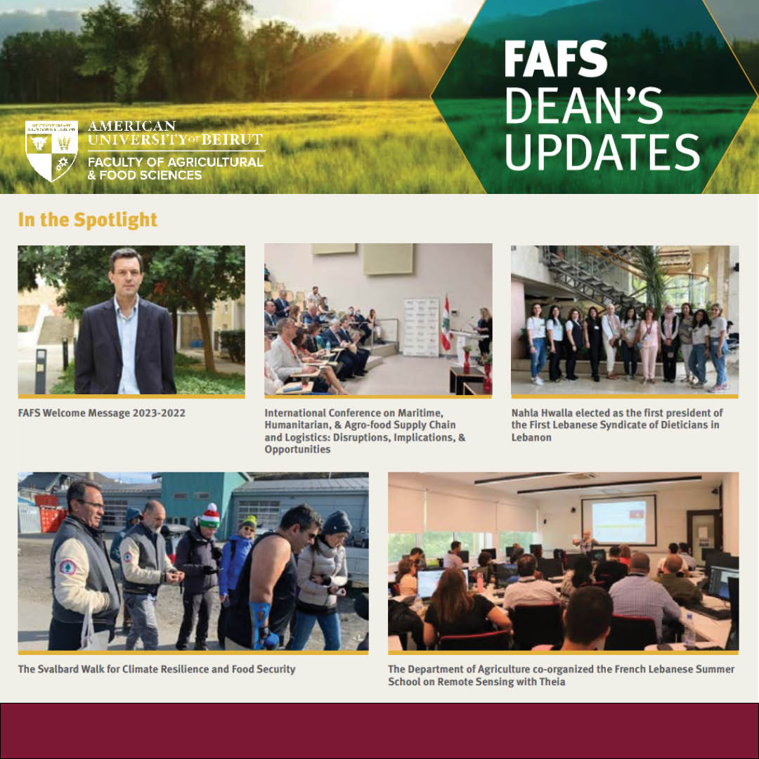 Ammar Olabi (@ammarolabi7) on Twitter photo FAFS Dean’s Updates Newsletter Issue 45 is out!
Read about interesting news and updates from #FAFS.
👉bit.ly/3x2sCio
<a href="/AUB_Lebanon/">American University of Beirut</a>
<a href="/aub_leaf/">LEAF_AUB</a>
@AubEsdu
<a href="/AUB_FSP/">AUB_FoodSecurity</a>
<a href="/AUBNutritionSoc/">AUB NutritionSociety</a>
<a href="/FAFS_WAAAUB/">FAFS Alumni Chapter</a>
<a href="/Ag_Hive/">AgHive</a>
<a href="/glob_sm/">GLOB-SM Program</a> FAFS Dean’s Updates Newsletter Issue 45 is out!
Read about interesting news and updates from #FAFS.
👉bit.ly/3x2sCio
<a href="/AUB_Lebanon/">American University of Beirut</a>
<a href="/aub_leaf/">LEAF_AUB</a>
@AubEsdu
<a href="/AUB_FSP/">AUB_FoodSecurity</a>
<a href="/AUBNutritionSoc/">AUB NutritionSociety</a>
<a href="/FAFS_WAAAUB/">FAFS Alumni Chapter</a>
<a href="/Ag_Hive/">AgHive</a>
<a href="/glob_sm/">GLOB-SM Program</a>