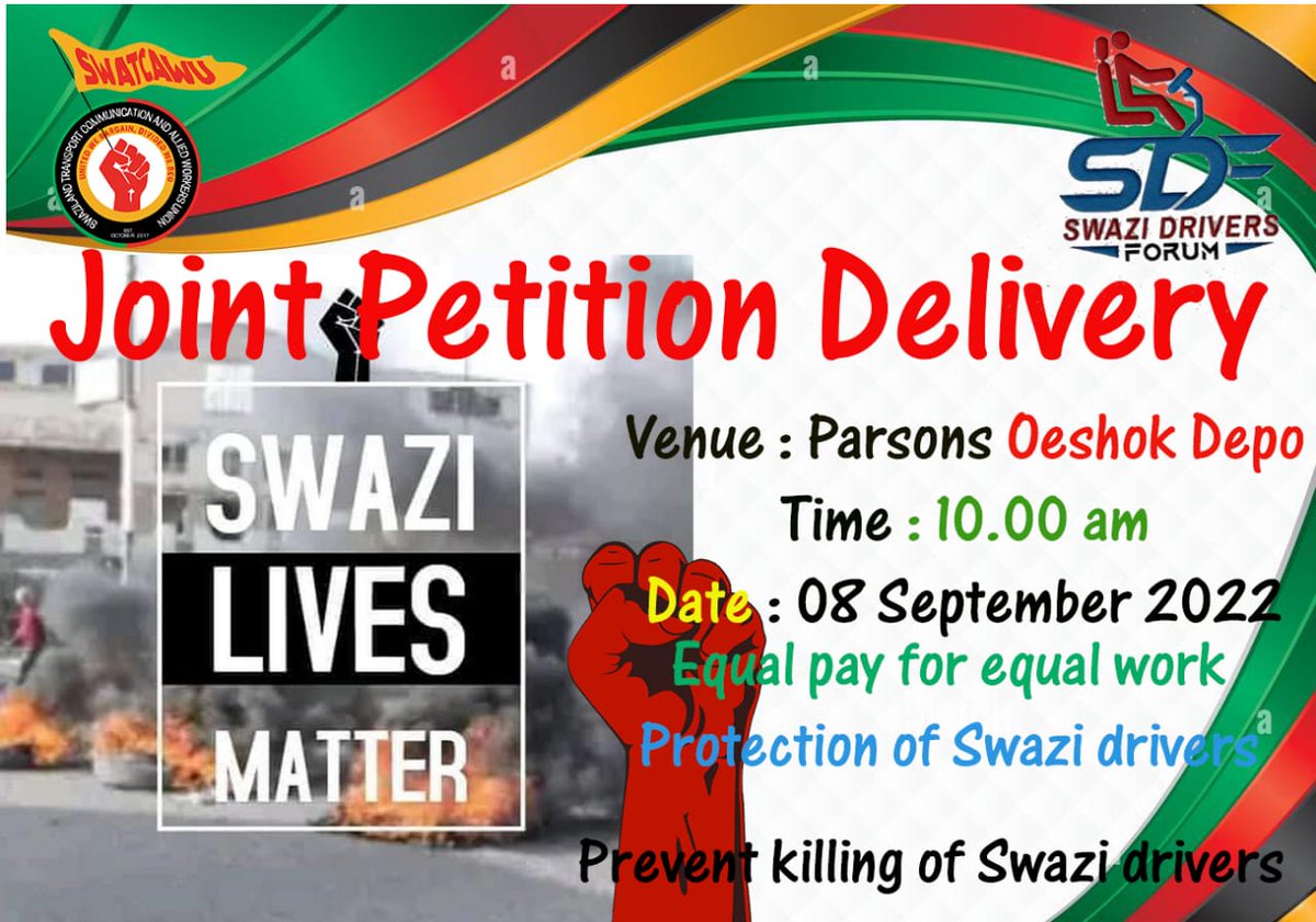 SUDF24's tweet photo. A DATE IS SET FOR PARSONS TRANSPORT!
Drivers are illtreated, underpaid, suspended, sacked and killed. Parsons Transport will be paid a visit tomorrow! #SwaziLivesMatter #EqualWork4EqualPay #StopKillingsOfDrivers #SWATCAWU https://t.co/3nJEjMbikl