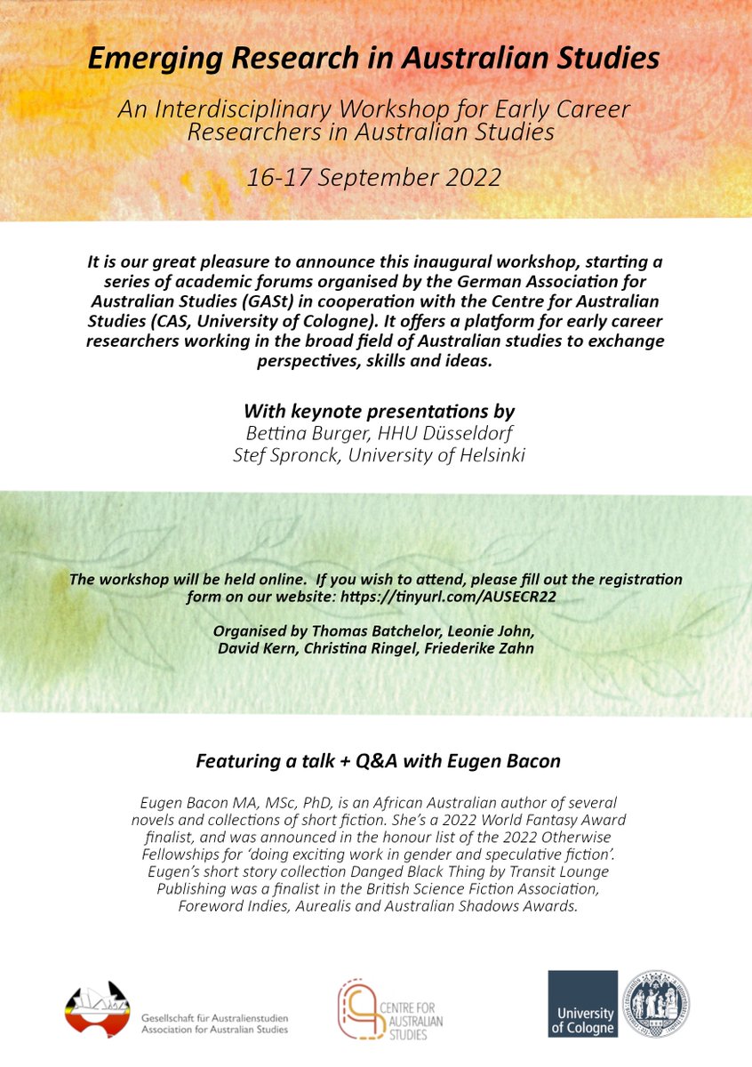 TODAY | »We are excited to present the programme of our interdisciplinary workshop for Early Career Researchers ›Emerging Research in Australian Studies‹ which will take place Fri 16 to Sat 17 September – You are cordially invited to participate!« centreforaustralianstudies.org/events/worksho…