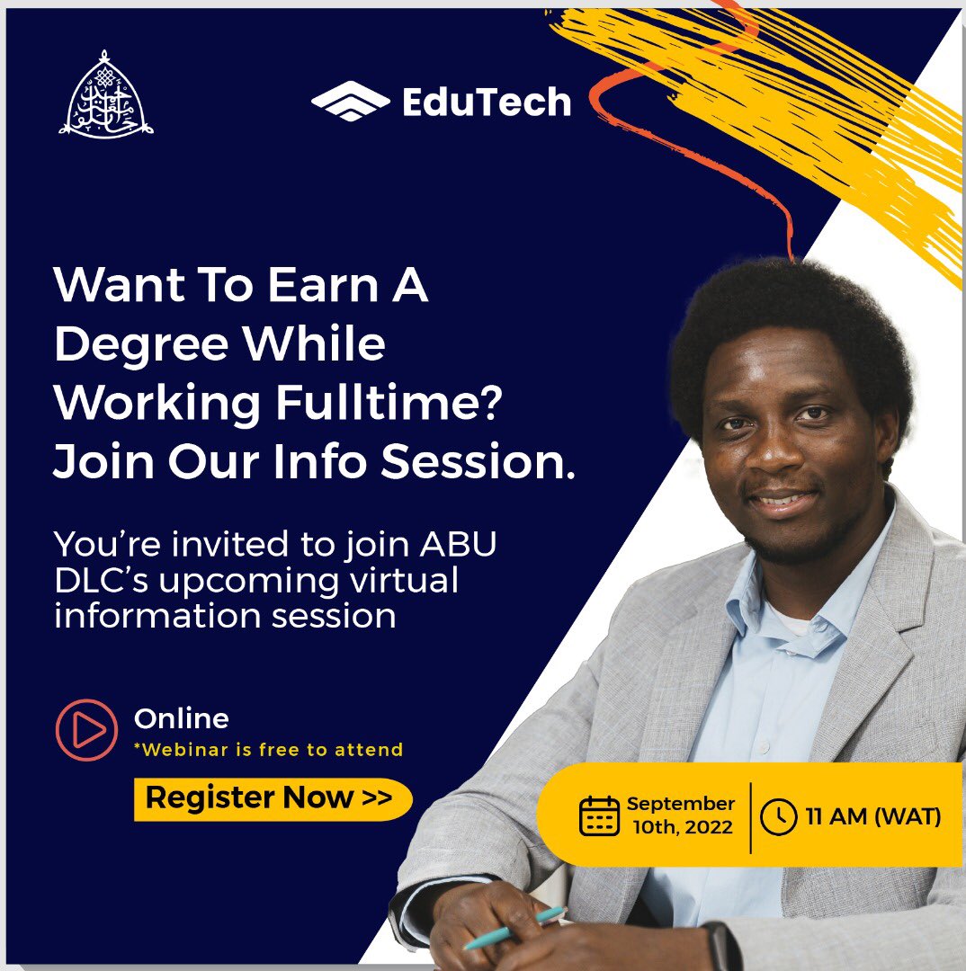 edutechbusiness's tweet photo. Did you know you can earn a degree while working full-time?

Join ABU DLC’s upcoming virtual information session this Saturday to learn more. 

ABU DLC's programmes deliver the knowledge and skills you need to advance your career whenever and wherever it’s convenient for you. https://t.co/Rif4X5umMn