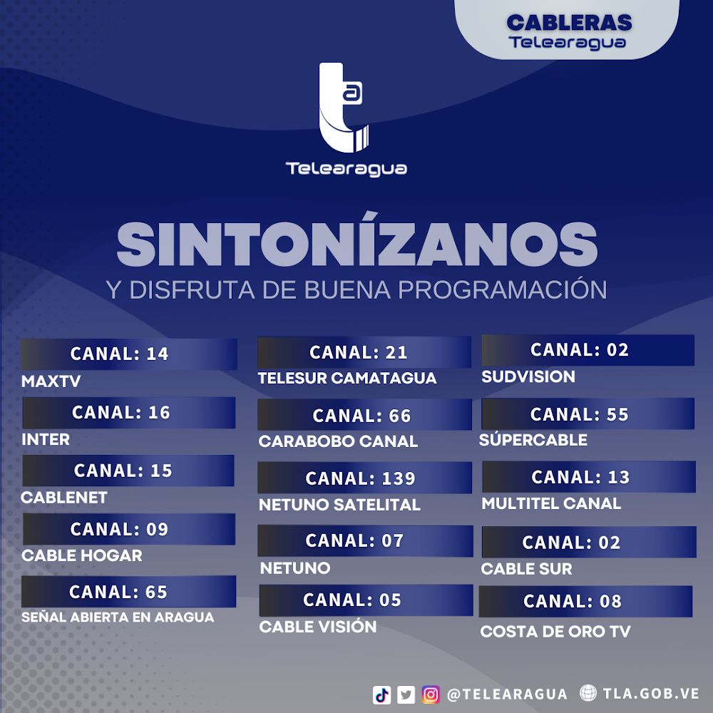 📺Telearagua llega a ti a través de distintas cableras en todo el estado Aragua, sintonízanos y no te piernas nuestra programación💯. 

#Aragua 
#LaPatriaEnDesarrollo