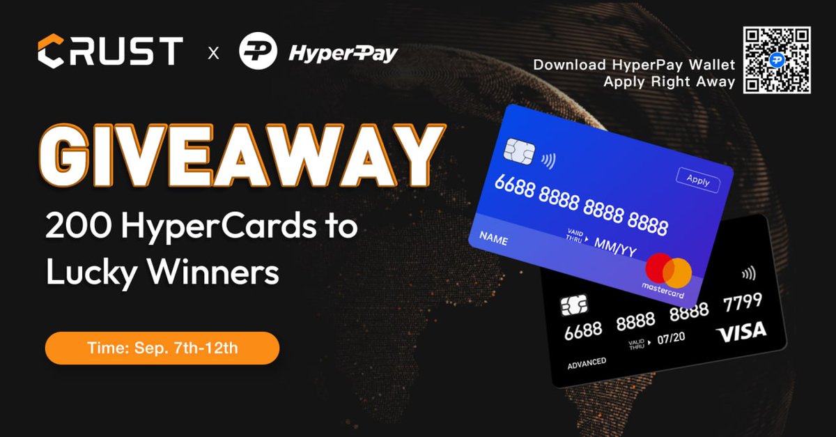 CrustNetwork's tweet photo. JOIN HYPERPAY & CRUST NETWORK #GIVEAWAY🔥
Prize Pool: 200 #HyperCards to lucky winnners, first come first served!
@Hyperpay_tech
⏲️September 7th-12th
Complete tasks in Gleam form to win! 👇
https://t.co/UdM9nnBews https://t.co/0CJXQHcwGj