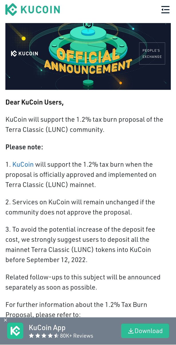 Amit_Kumar_Pal's tweet photo. KuCoin will support 1.2% tax burn #luncburn #lunc #LUNACLASSIC #LUNAC #cz_binance #Binance #lankadahan https://t.co/ieTR80DPgW
