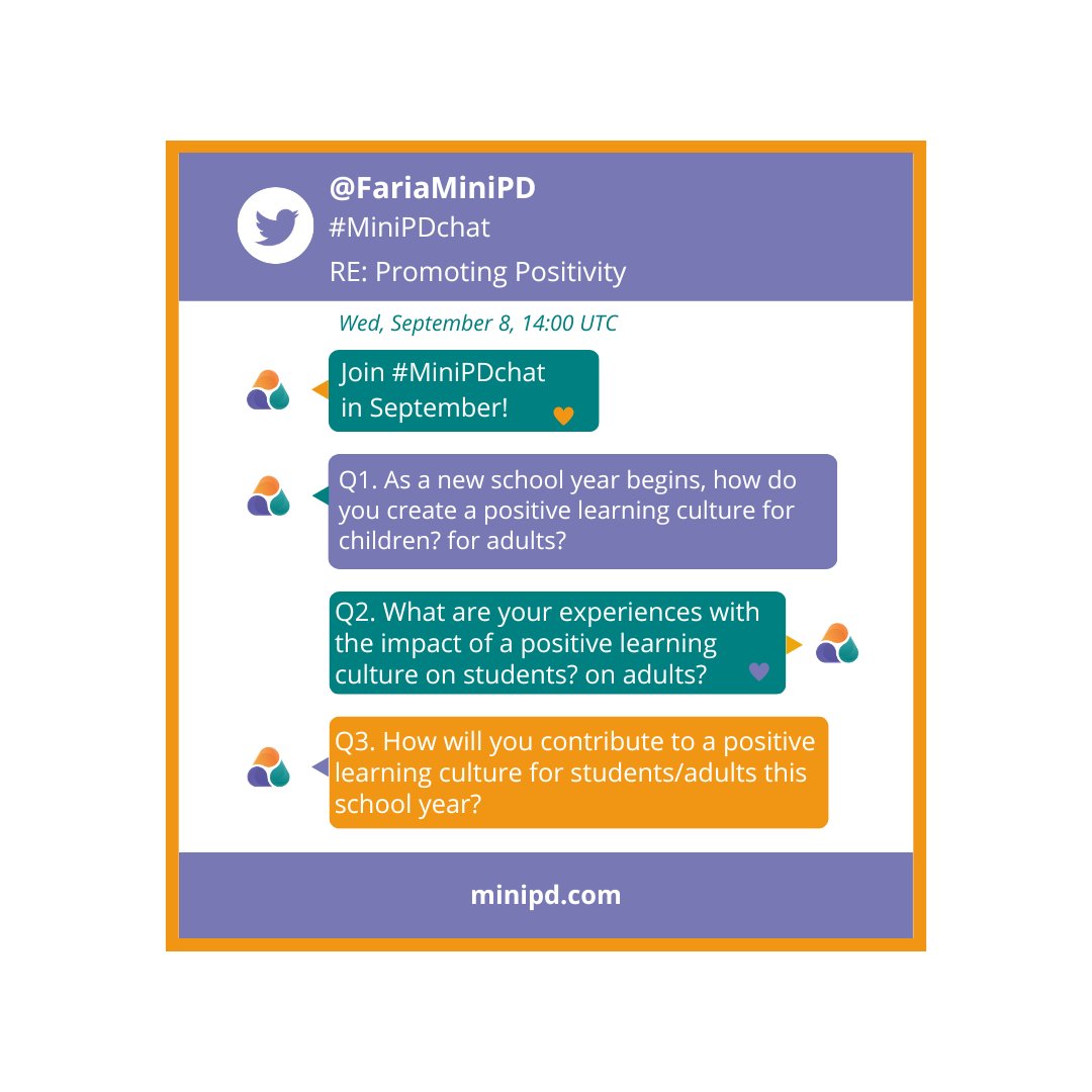 MyMiniPD's tweet photo. ⏲️#MiniPDchat begins in one hour!
 
🐢It's a slow chat as we explore our September content theme: Promoting Positivity.

😎We hope you'll join the #MiniPDCommunity as we learn with and from each other!

#PYPChat #MYPChat #DPChat #NESAChat #EdChat #CPChat #IntlEdu https://t.co/yTRC4Mw0E7