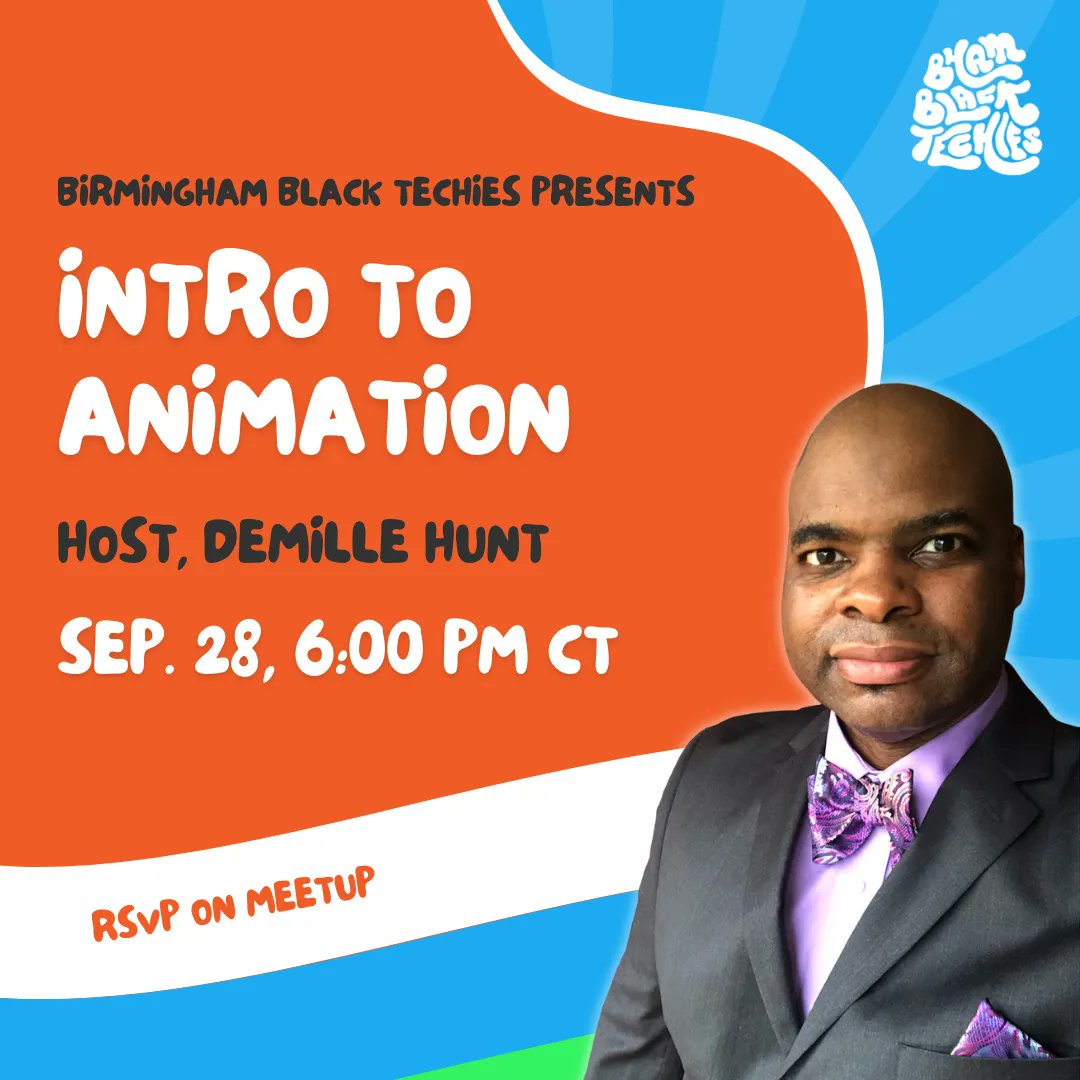 Join us for an Intro to Animation workshop hosted by BBT member, Demille Hunt, on Sept. 28 at 6:00pm CT. 🥳
We'll learn the basic principles of animation, learn how to use Autodesk Maya, and we'll even learn how to create a simple animation.
meetup.com/birmingham-bla…